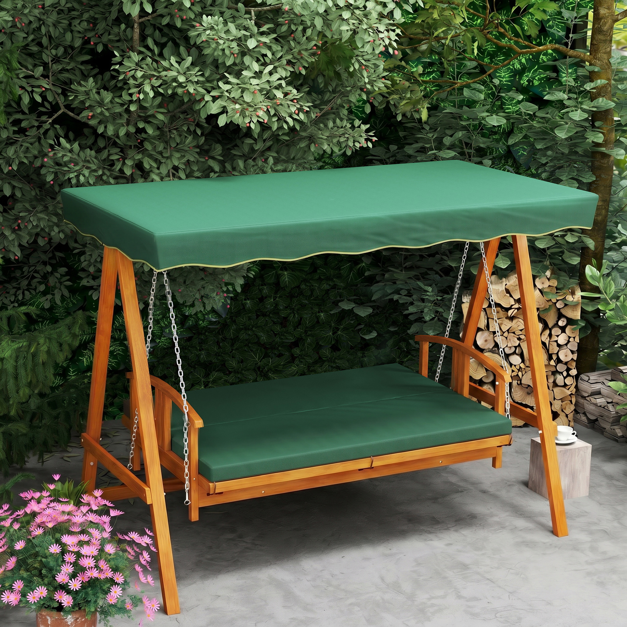 Hollywoodschaukel mit Liegefunktion, Gartenschaukel aus Holz, 3-Sitzer, für Garten, Terrasse, Dunkelgrün