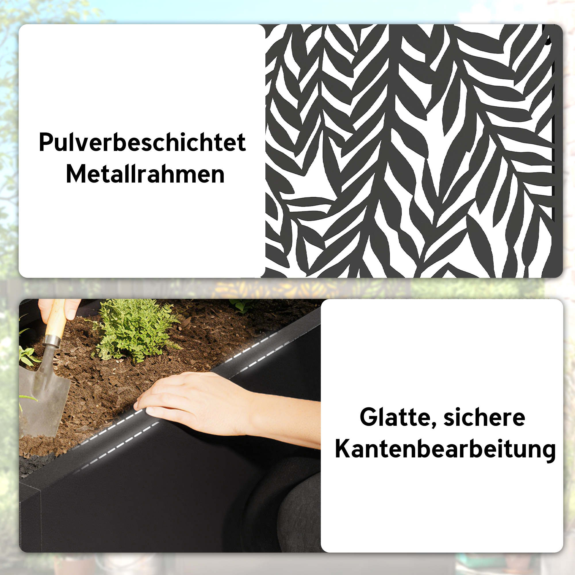 Blumenkasten mit Sichtschutz Pflanzkasten mit Rankgitter tropischen Blattmotiven 61 x 23 x 113 cm Schwarz
