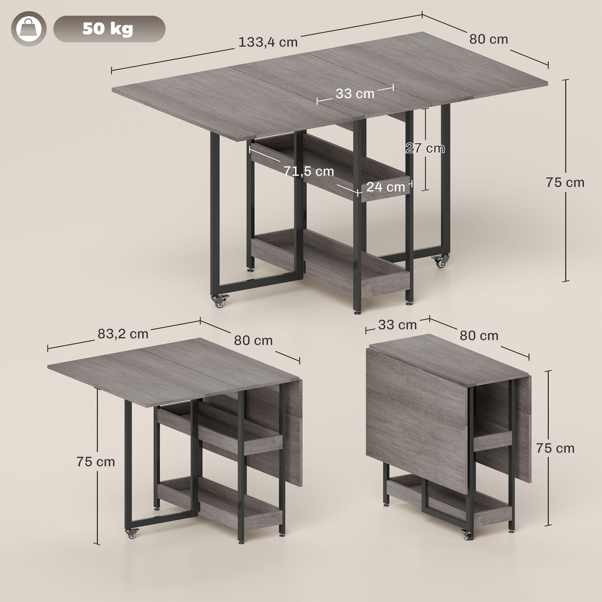 Klappbarer Esstisch im Industriedesign, für bis zu 4 Personen, offene Regale, flexibel, Metall, Spanplatte, Grau