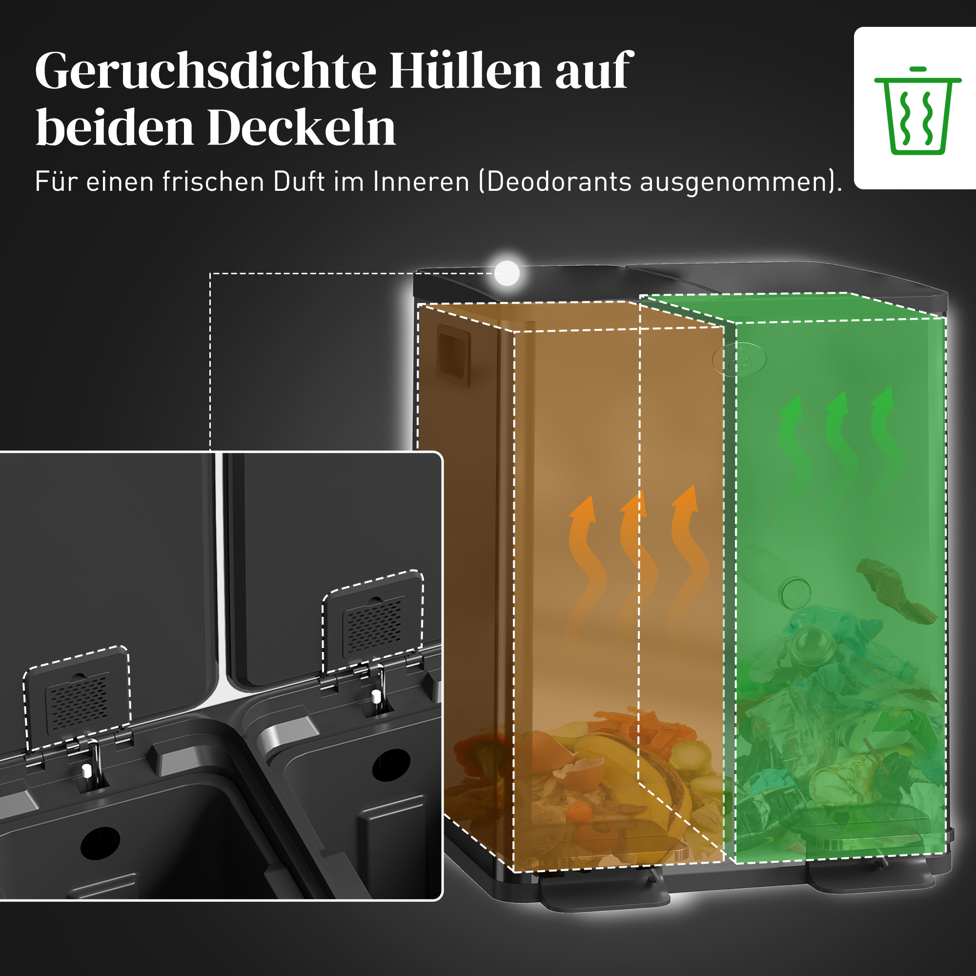 2 x 20 L Doppelmülleimer, Pedalöffnung, leicht zu reinigen, Edelstahl, Kunststoff, Schwarz