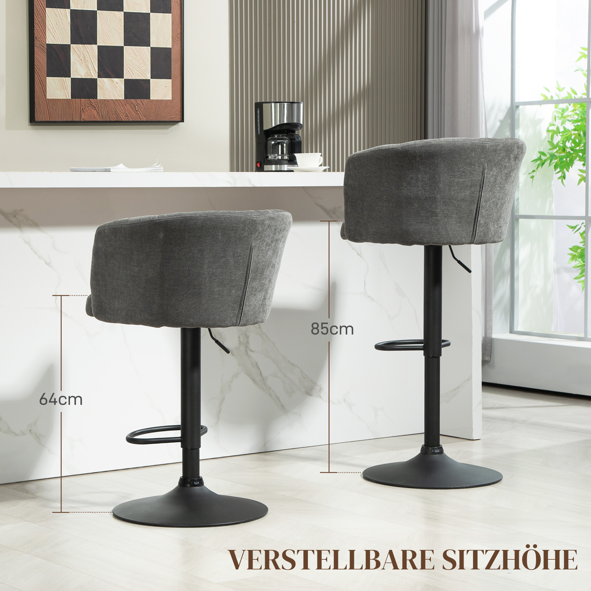 Barhocker 2er-Set, Schalenrücken, höhenverstellbar, Fußstütze, für Küche oder Esszimmer, Metallbasis, Dunkelgrau