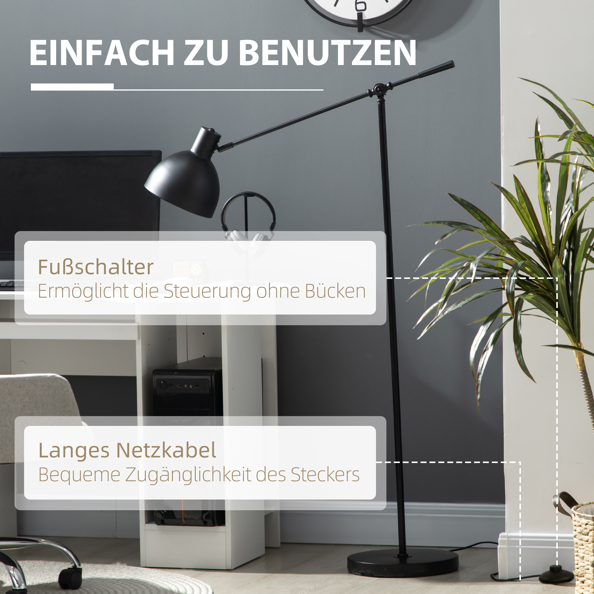 Stehleuchte im Industriedesign, höhenverstellbar, Bodenschalter; 30 m x 30 cm x 131 cm, Schwarz