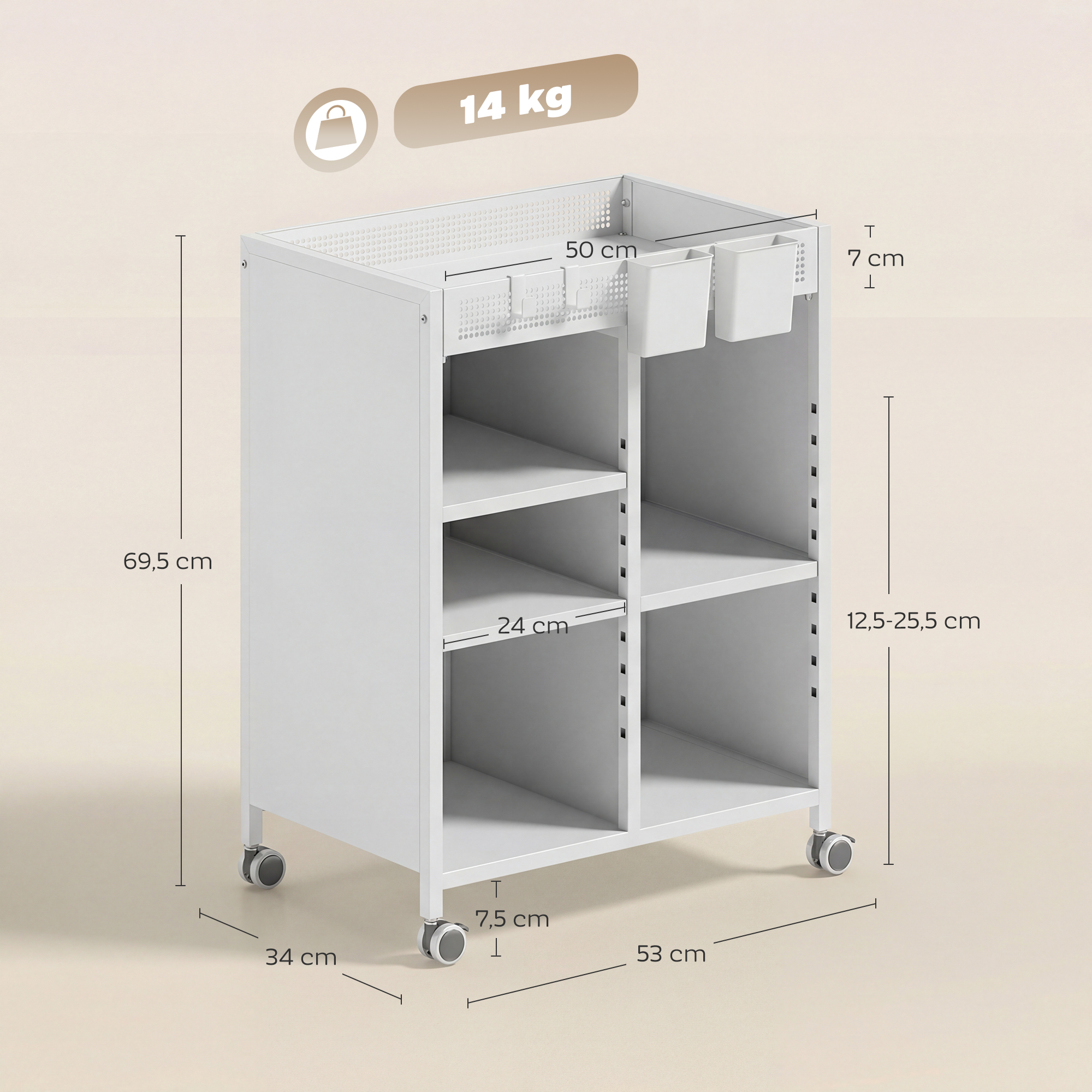 Bücherregal auf Rollen, 4-stufig, verstellbare Regalböden & Hängekörbe für Home Office und Wohnzimmer, Weiß