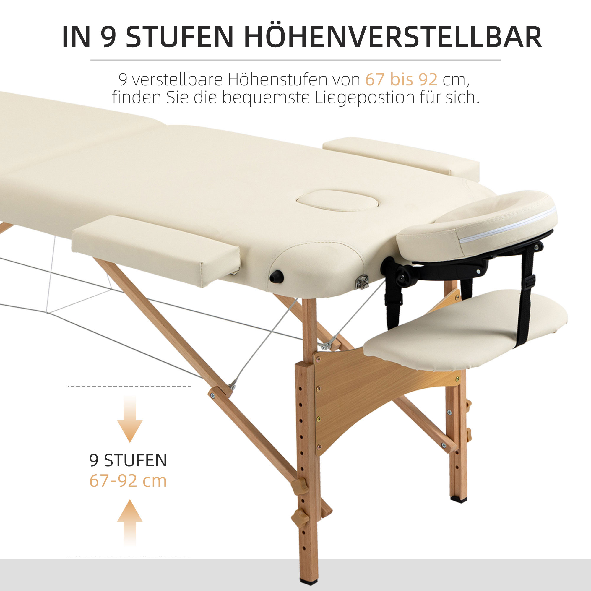 Massagetisch, klappbare Massageliege, höhenverstellbare Massagebank für Spa, Salon, Kunstleder, Holz, Cremeweiß