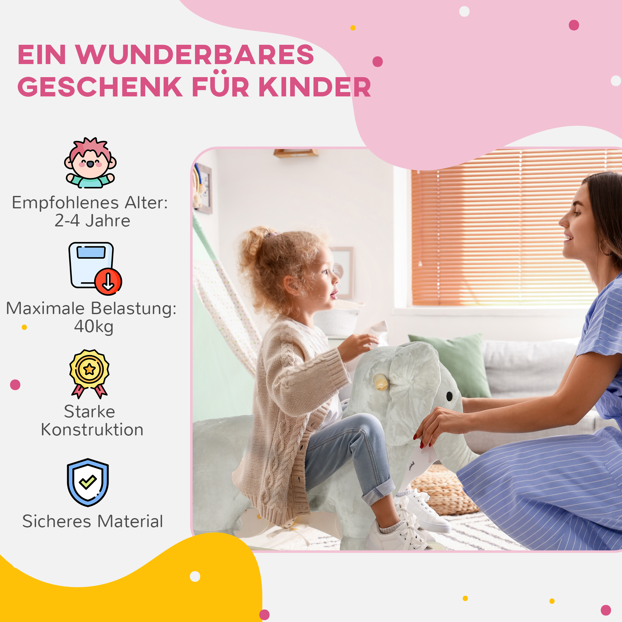 Schaukelpferd, Elefant, Soundeffekte, sichere Basis, für 2-4 Jahre, 64,5x31x52 cm, Grau