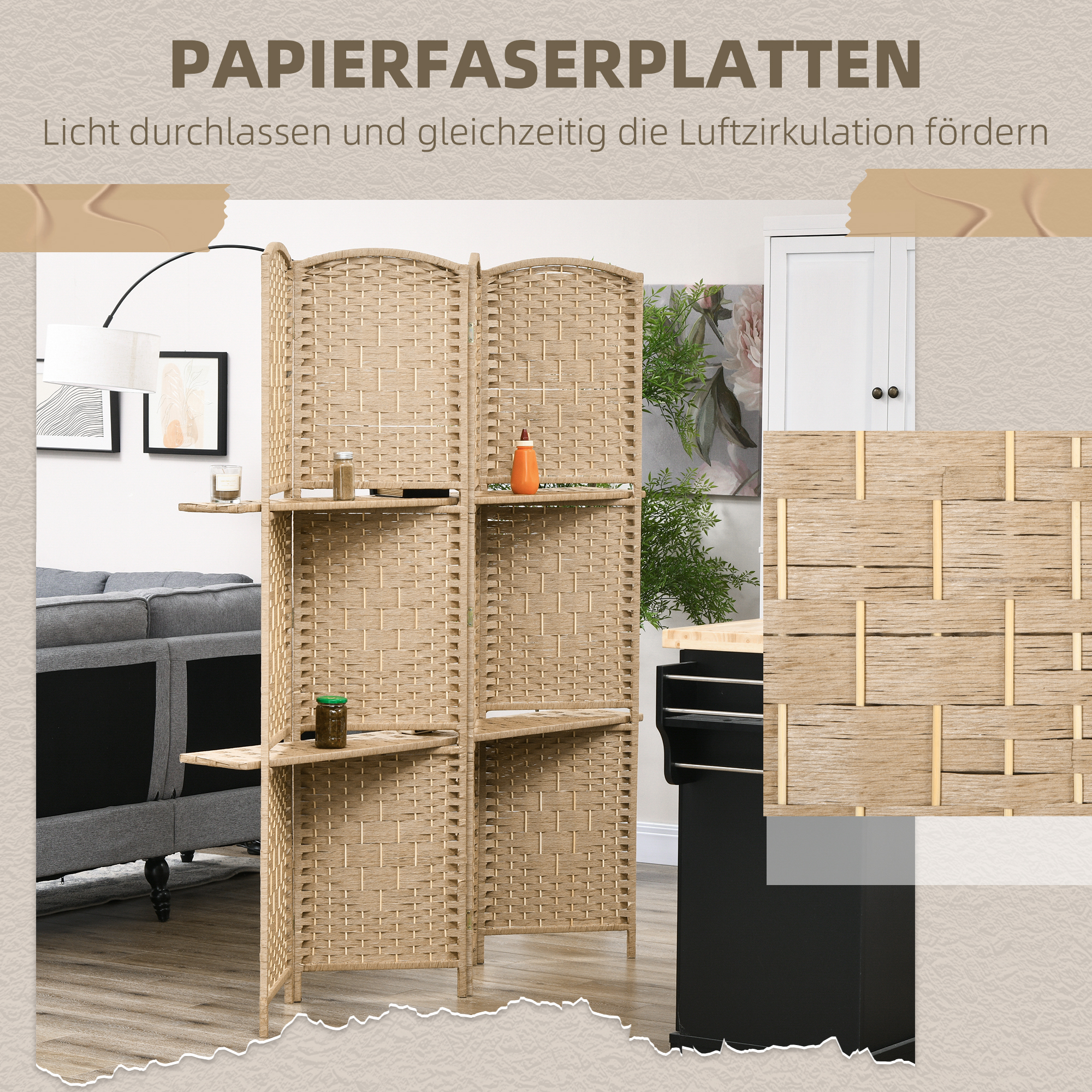 4-teiliger Raumteiler, 160 x 170 cm, faltbare Trennwand mit 2 Regalen