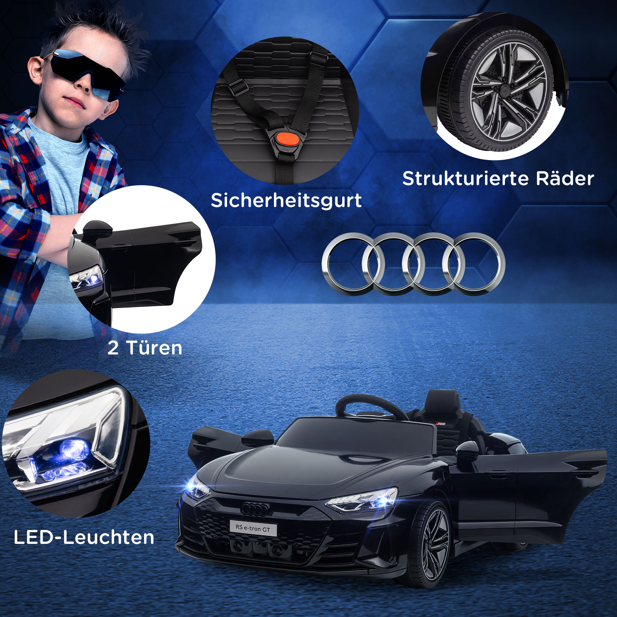 Kinderauto, Elektroauto, Audi-lizenziert, mit Sicherheitsgurt, Fernbedienung, Licht, schwarz, 103 x 58 x 41cm