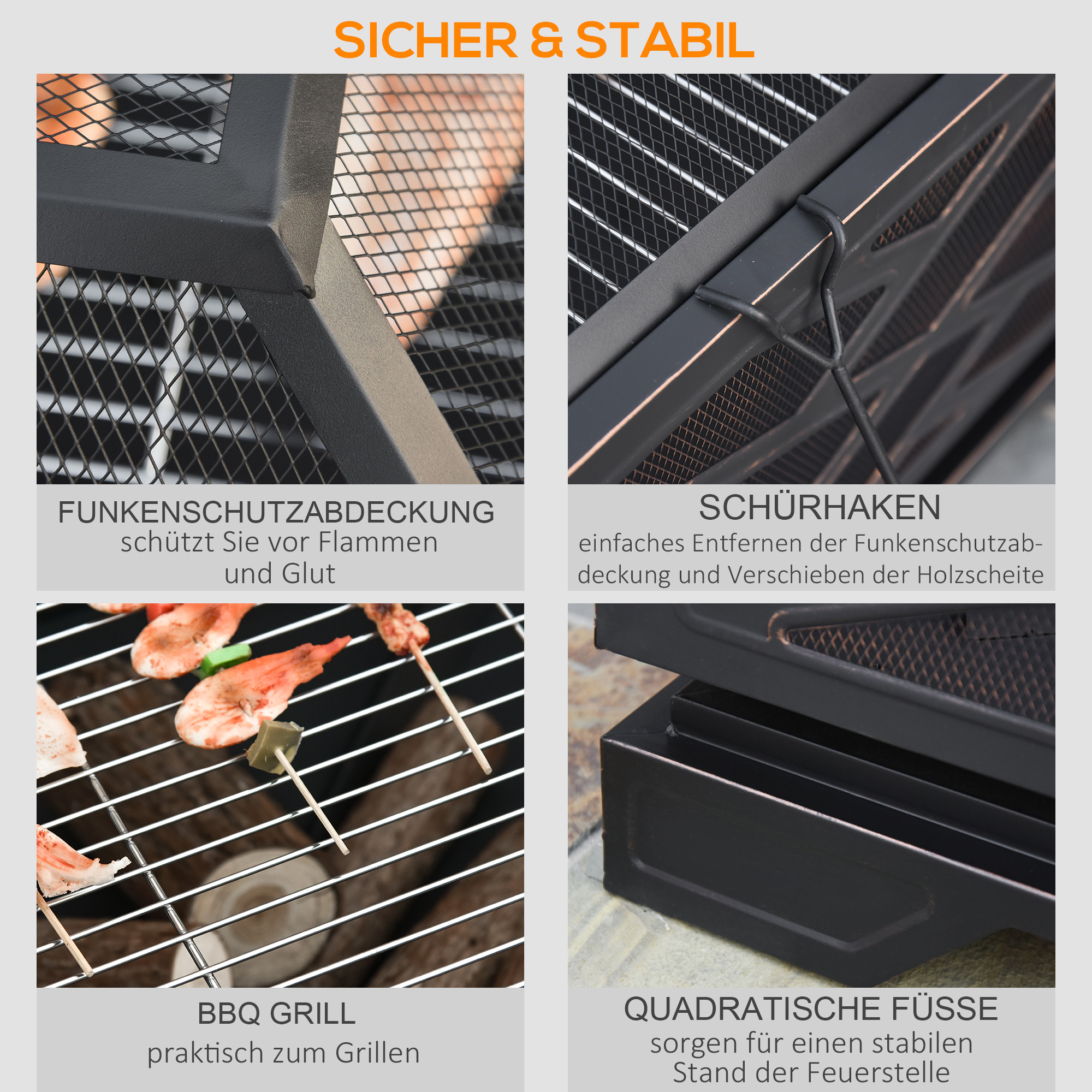 Feuerschale mit Funkenschutz, Grillrost, Schürhaken, quadratisch, Stahlgehäuse, schwarz, 66 x 66 cm