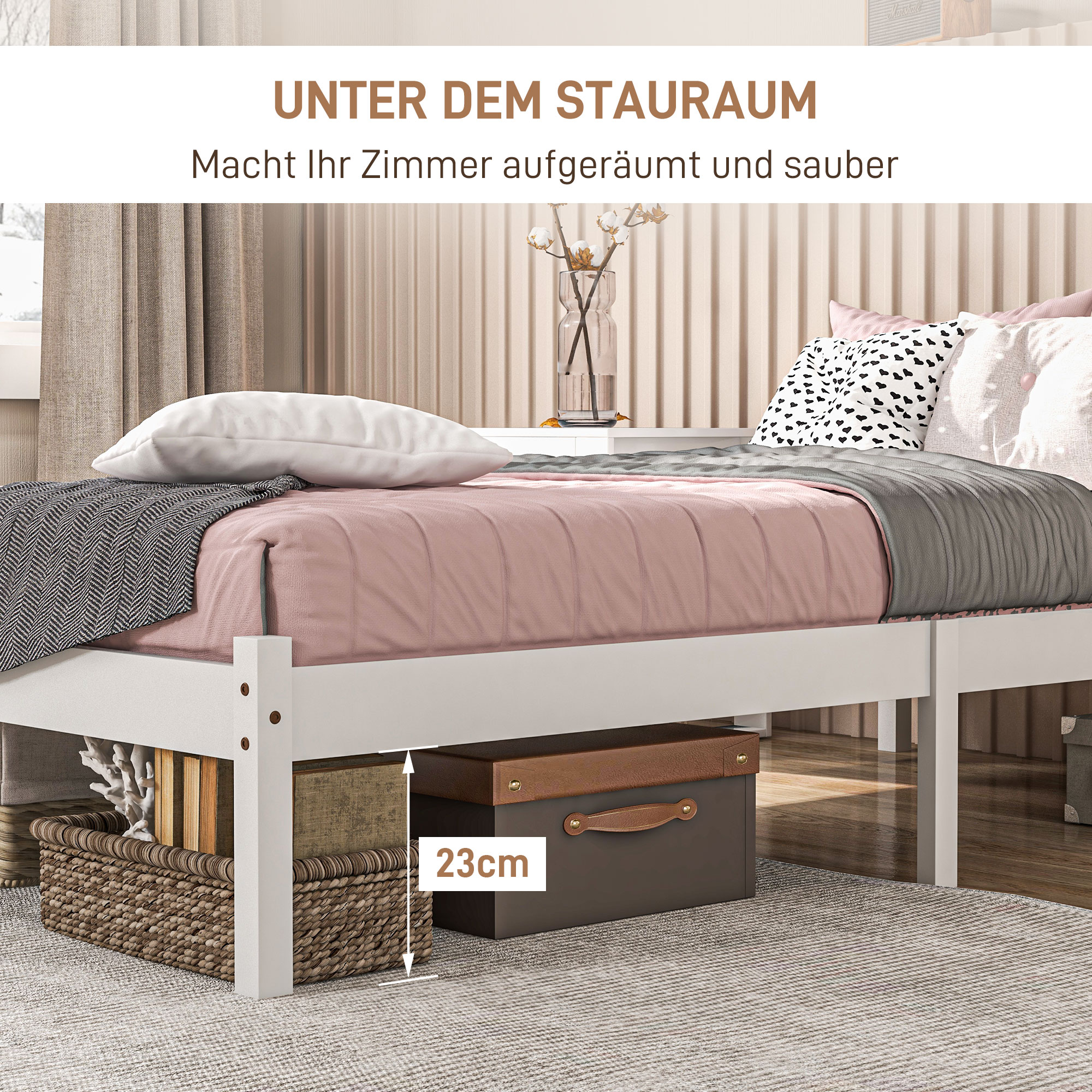 Einzelbettgestell, Kopfteil & Lattenrost, 26cm Freiraum unter Bett, Kiefernholz, 208x96x70 cm, Weiß