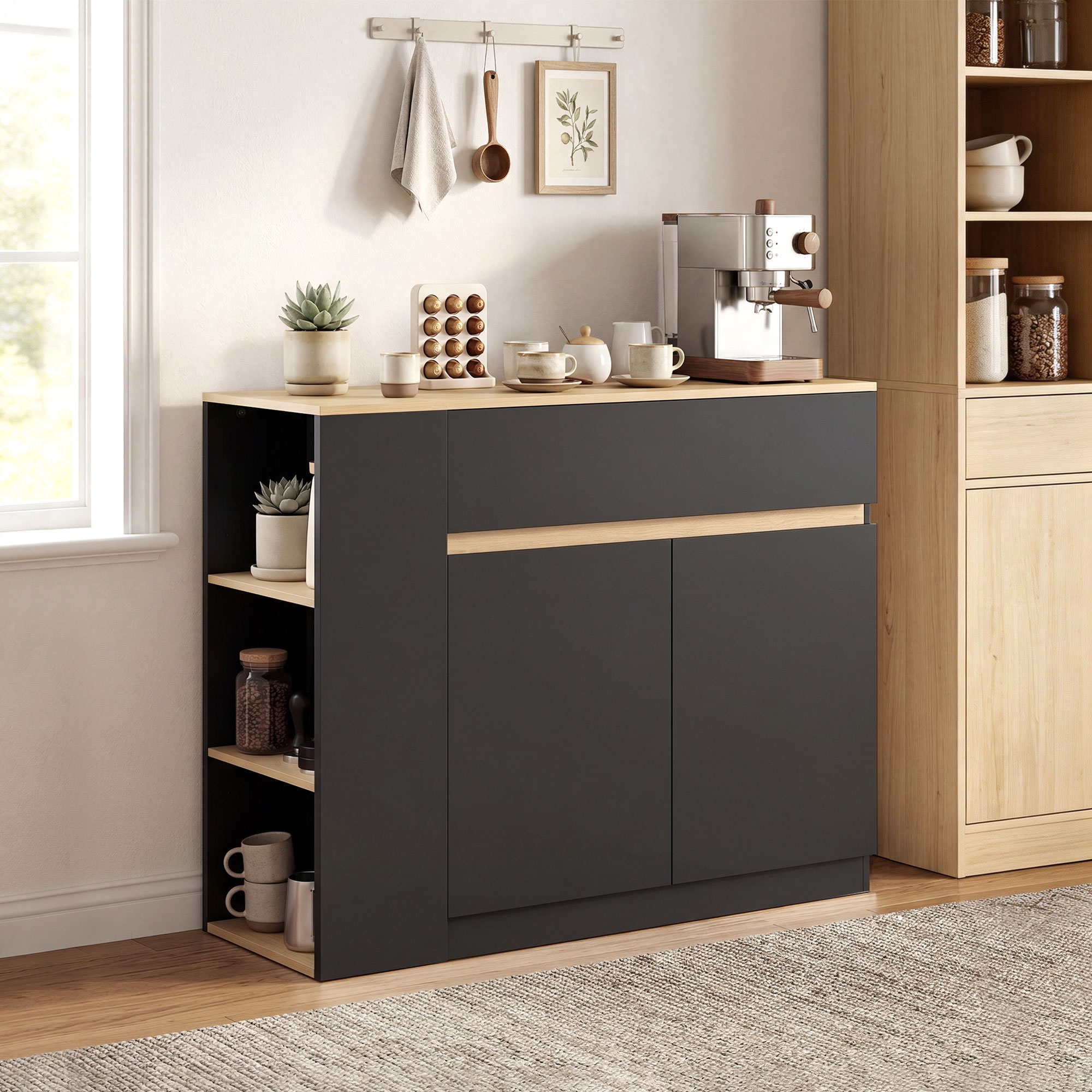 Sideboard, Buffet, großes Schrankfach, 3-stufiges Regal, Schublade, schwarz, 110 x 29,5 x 82cm