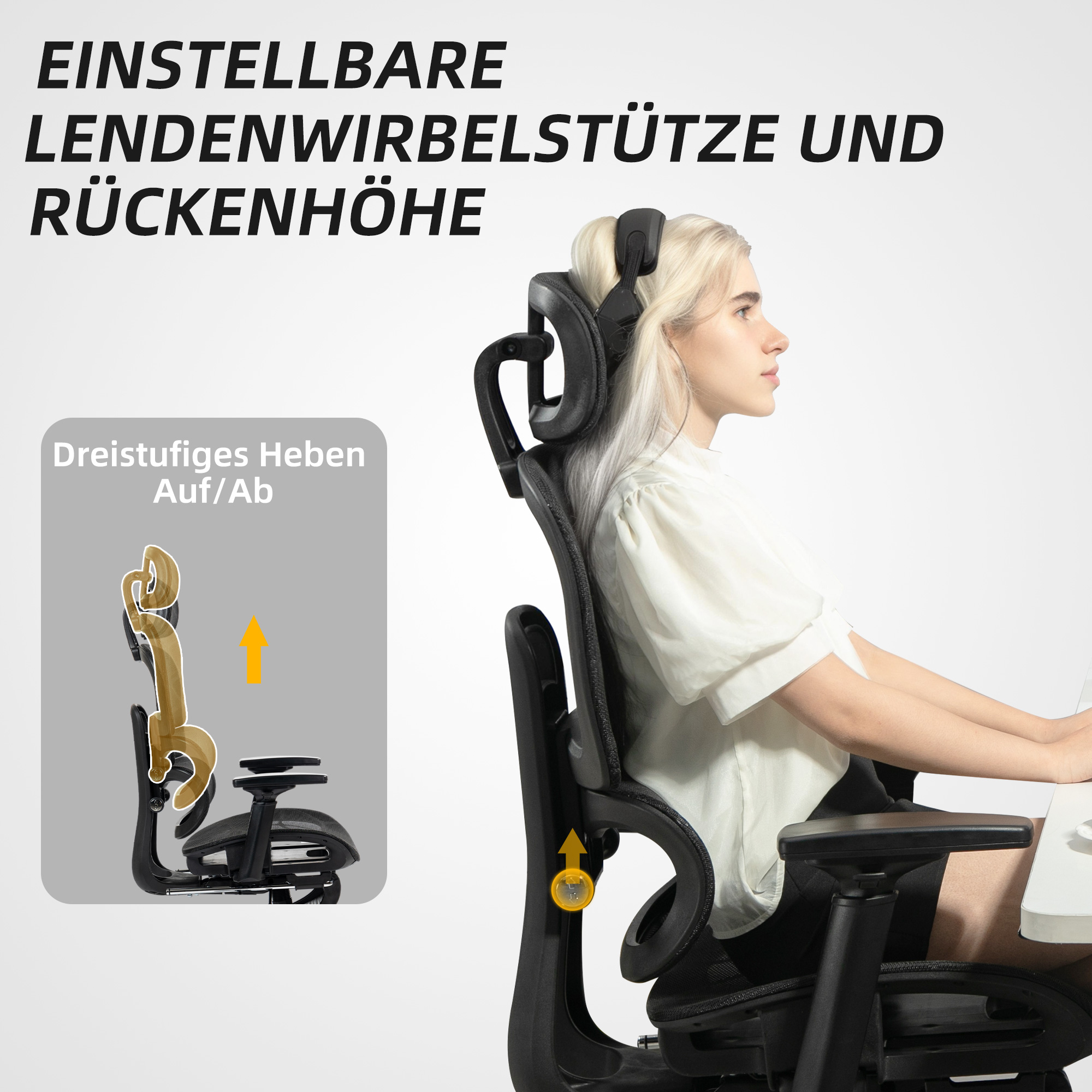 Bürostuhl, Ergonomischer Schreibtischstuhl mit Netzstoffbezug, verstellbar, rollbar, mit Armlehnen, Kopfstütze, Schwarz