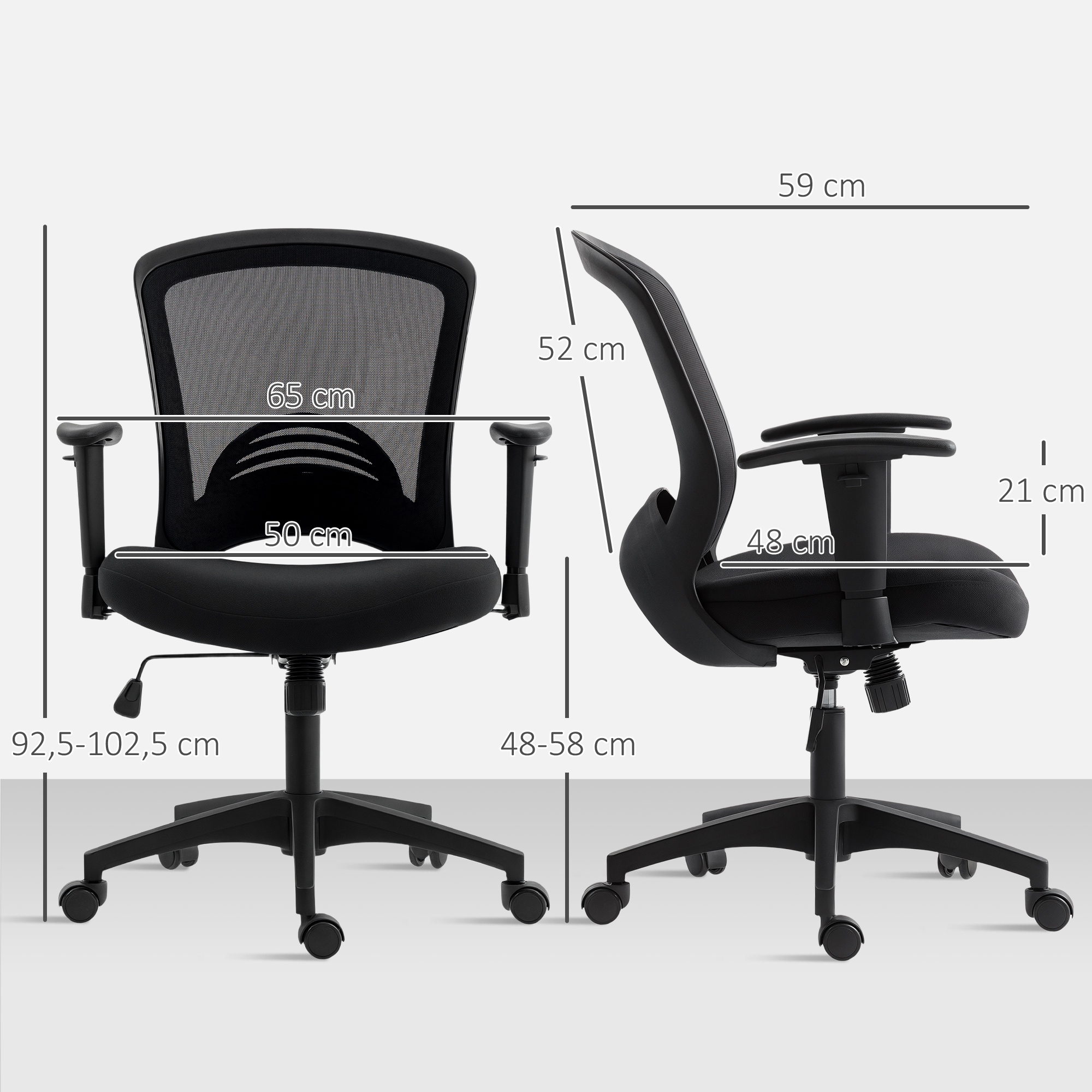 Netz-Bürostuhl, verstellbarer Schreibtischstuhl mit Netzstoff-Rückenlehne, rollbar, mit Kippfunktion, Schwarz