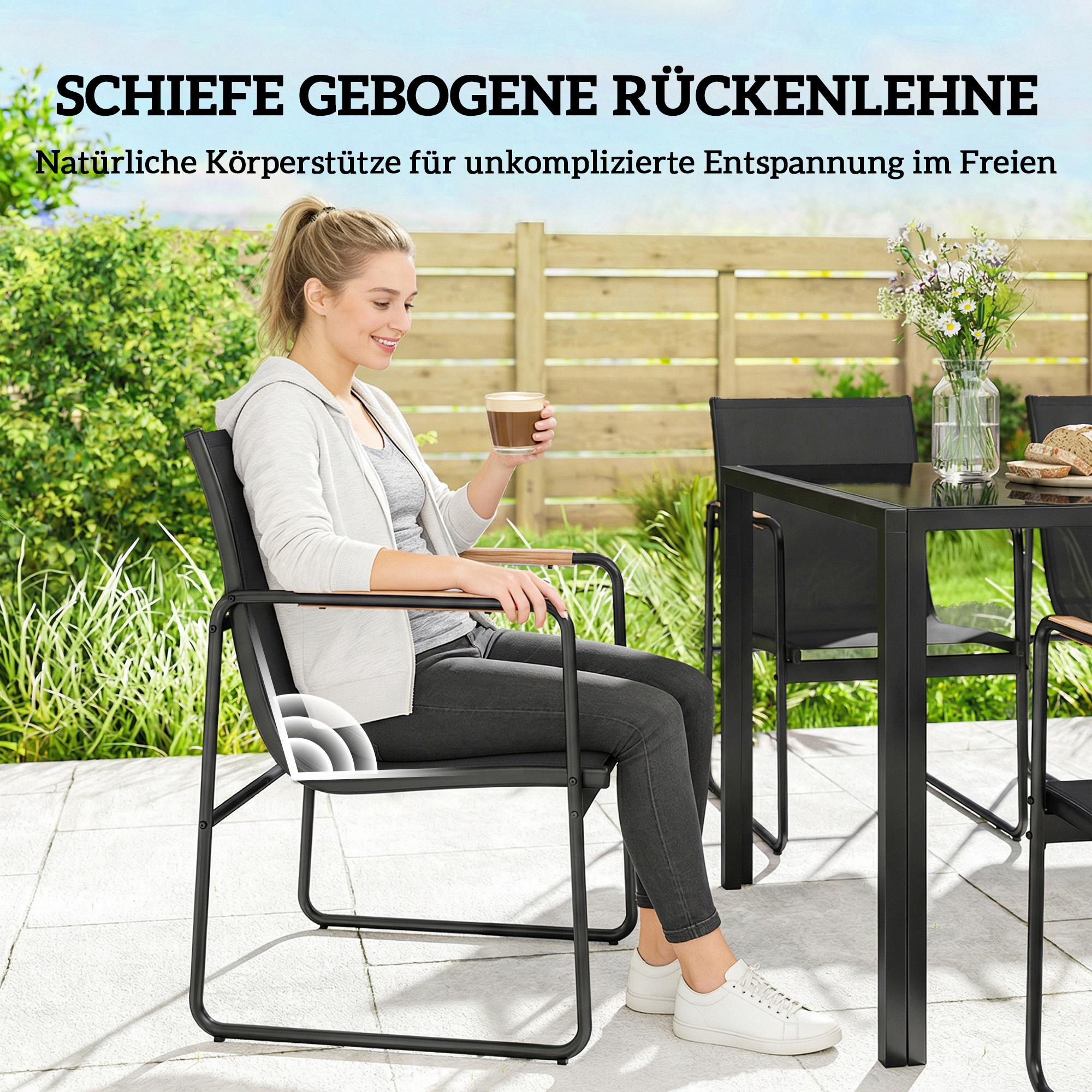 Gartenmöbel Set Sitzgruppe 150 x 80cm Glastisch mit 6 Atmungsaktiven Stühlen Dekorative Armlehnen Schwarz