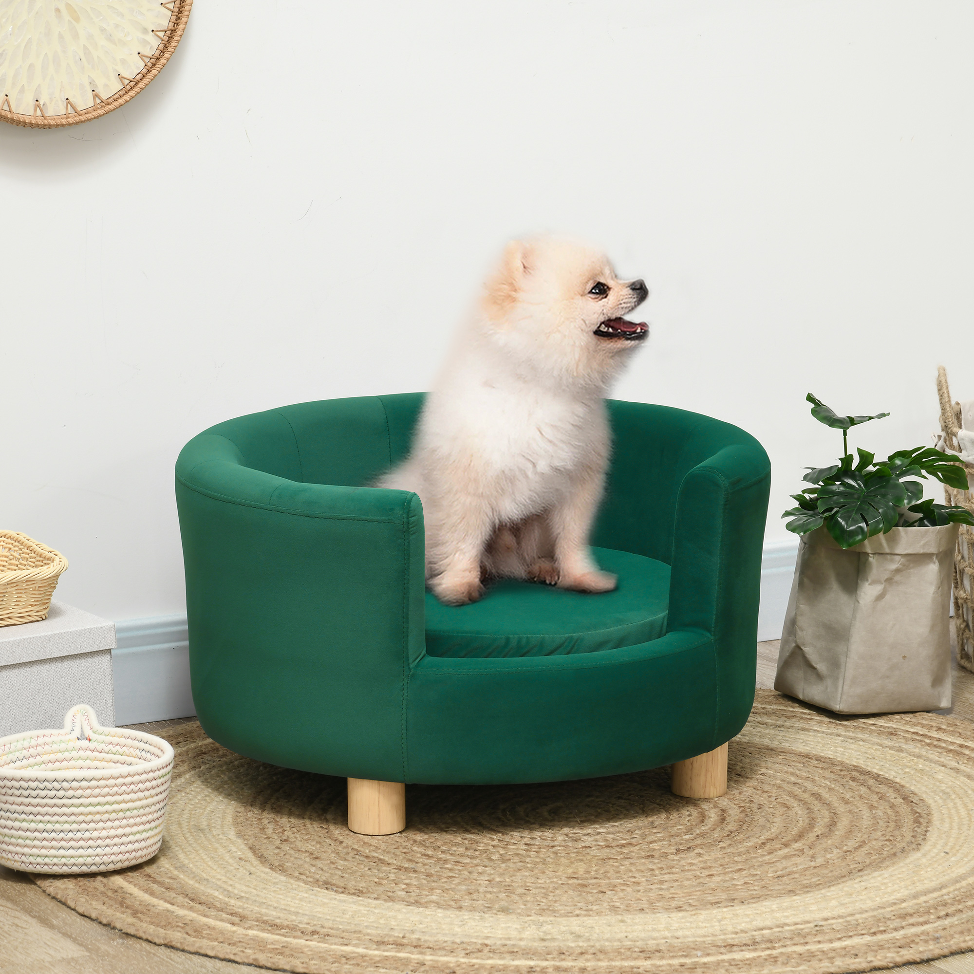 Hundesofa Hundecouch, Waschbarer Bezug, Haustiersofa mit Rückenlehne und Holzbeine, Katzensofa, für kleine Hunde unter 4,5 kg, Grün