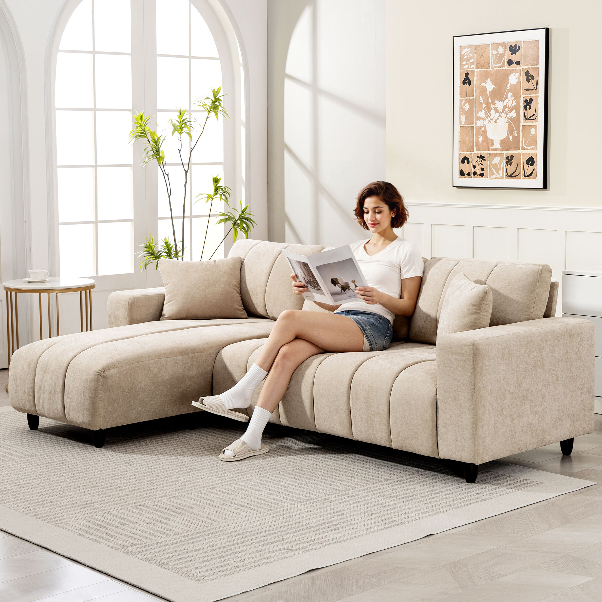 L-förmiges Ecksofa mit flexibler Chaiselongue, 3-Sitzer-Couch mit 2 Kissen, Metallrahmen, für Wohnzimmer, Beige