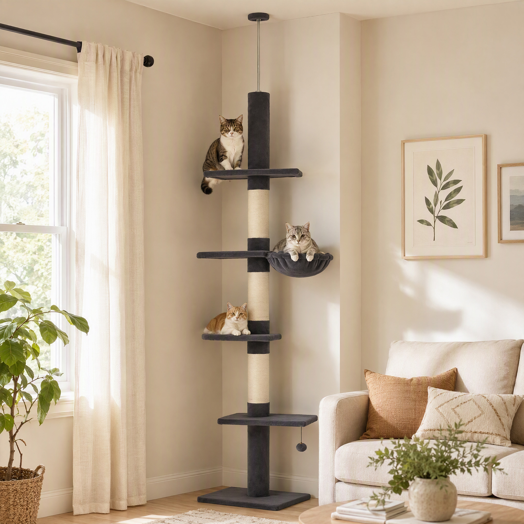 Kratzbaum Deckenhoch 225-255 cm höhenverstellbar Katzenbaum mit 5 Etagen 3 Sisal-Kratzstämmen, Hängematte, Plattformen