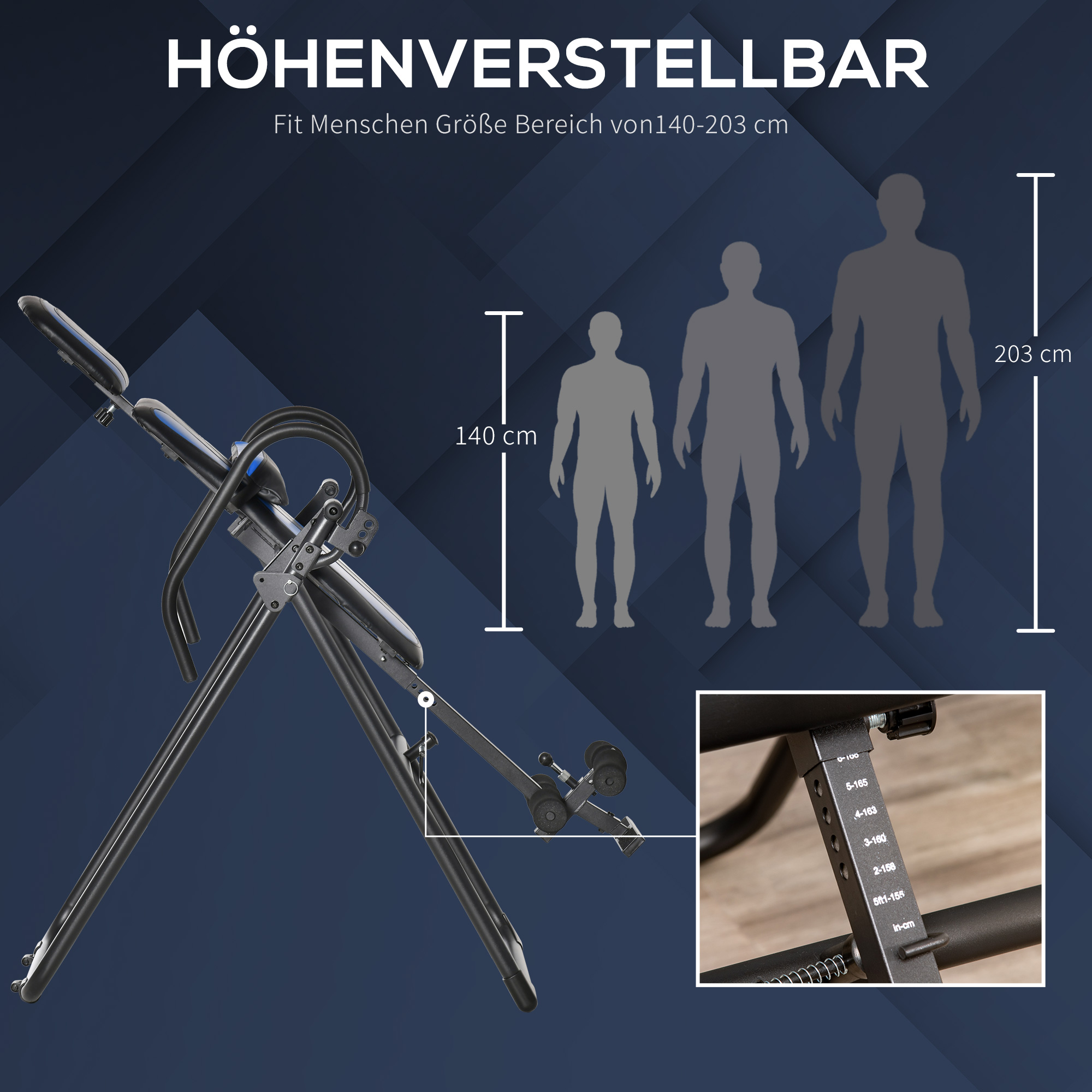 Inversionsbank klappbarer Schwerkrafttrainer mit zwei beweglichen Rädern eingestellt Rückenpolster Metall ABS Schwarz+Blau 132 x 71 x 145 cm