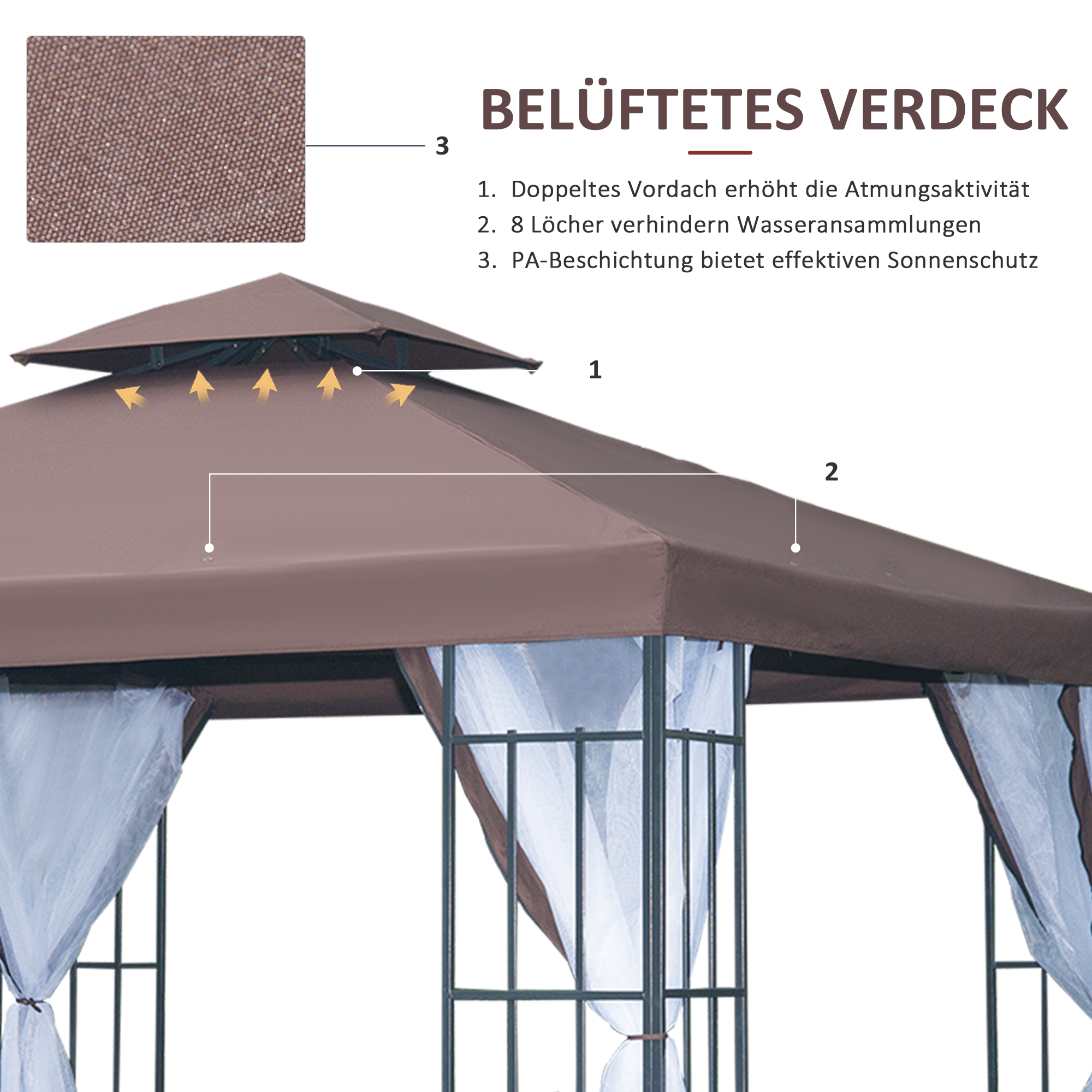 Pavillon Gartenpavillon mit Moskitonetze Seitenwände, Partyzelt mit Doppeldach, Gartenzelt Festzelt 2,97x2,97m
