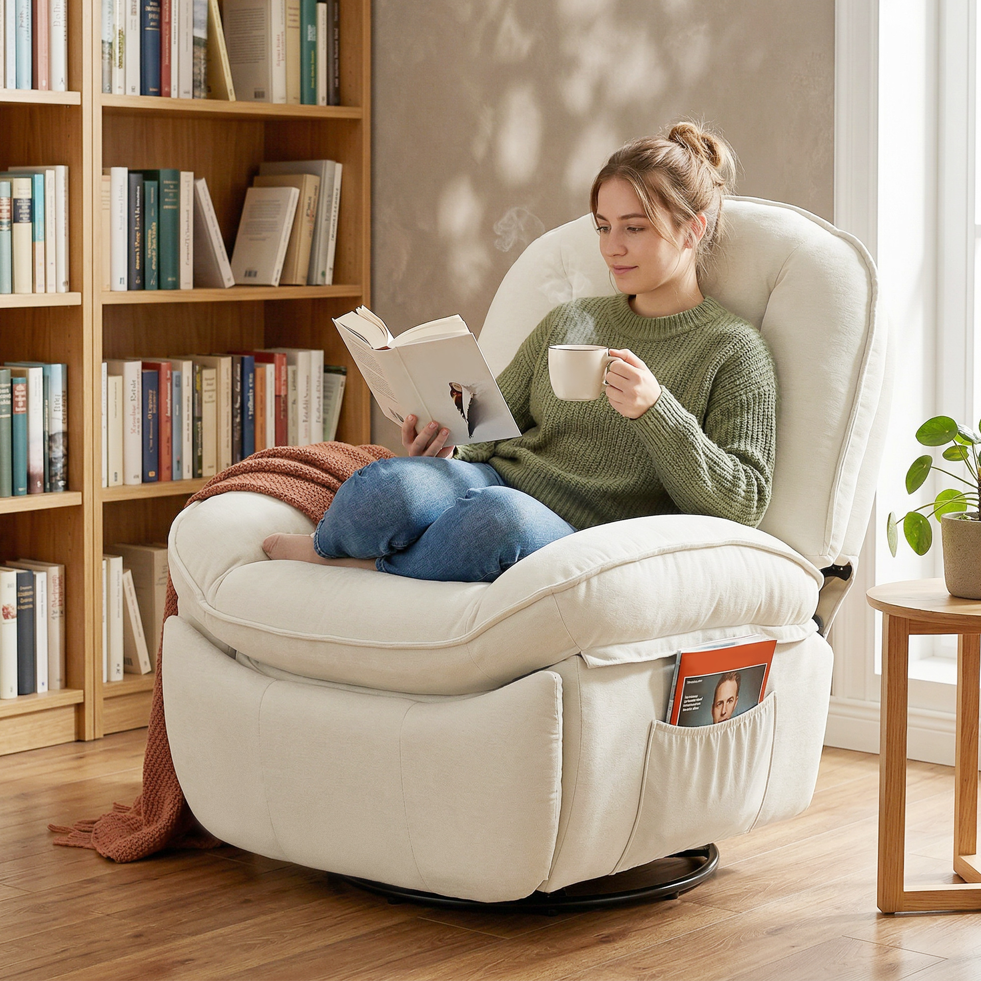 Relaxsessel, Drehbarer Schaukel- und Liegestuhl mit Tiefer Sitzfläche, Dickem Rückenpolster, Einfacher Montage, Creme