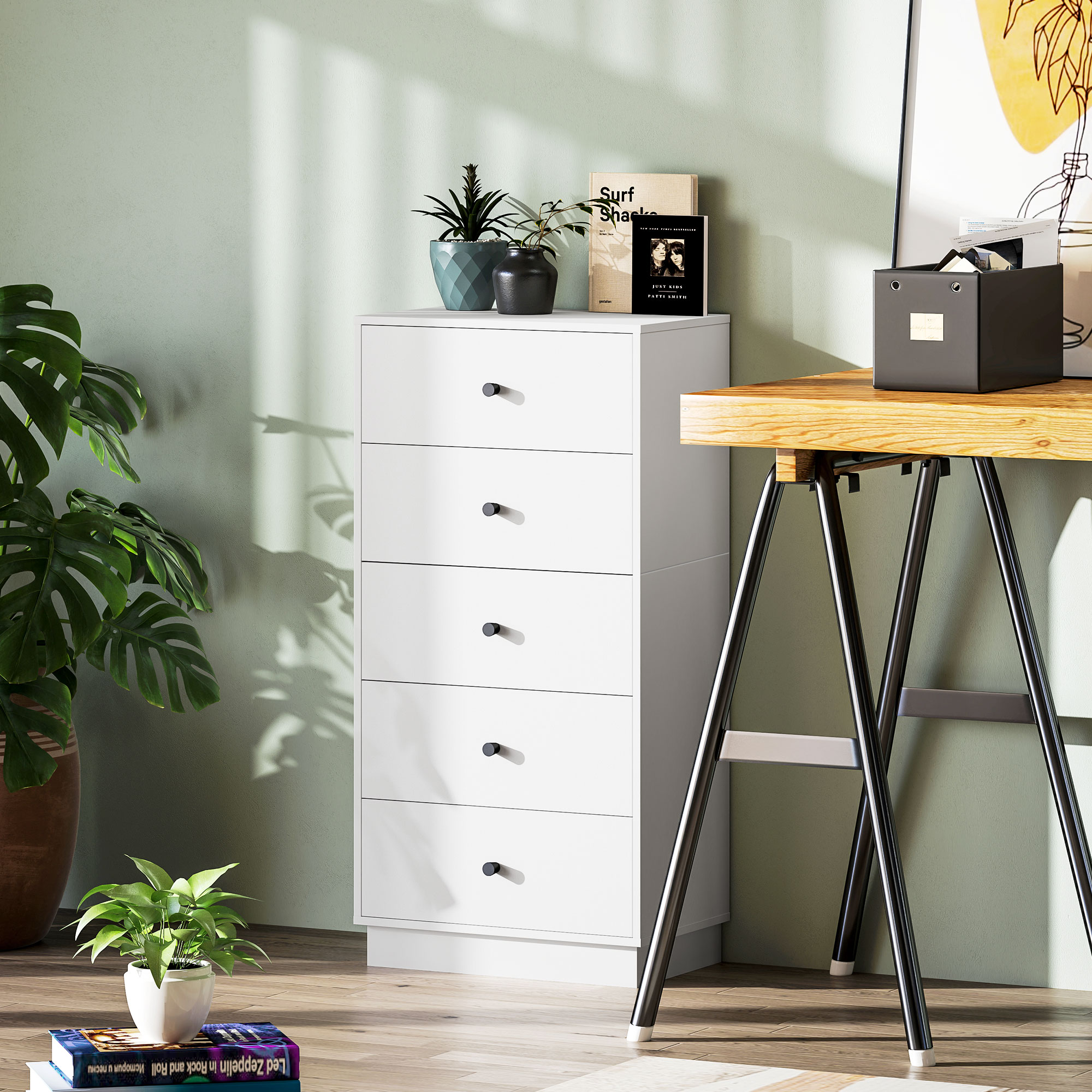 Kommode Sideboard mit 5 Schubladen Schrank aus Holzwerkstoff im Modern Stil 47 x 29 x 95 cm Weiß