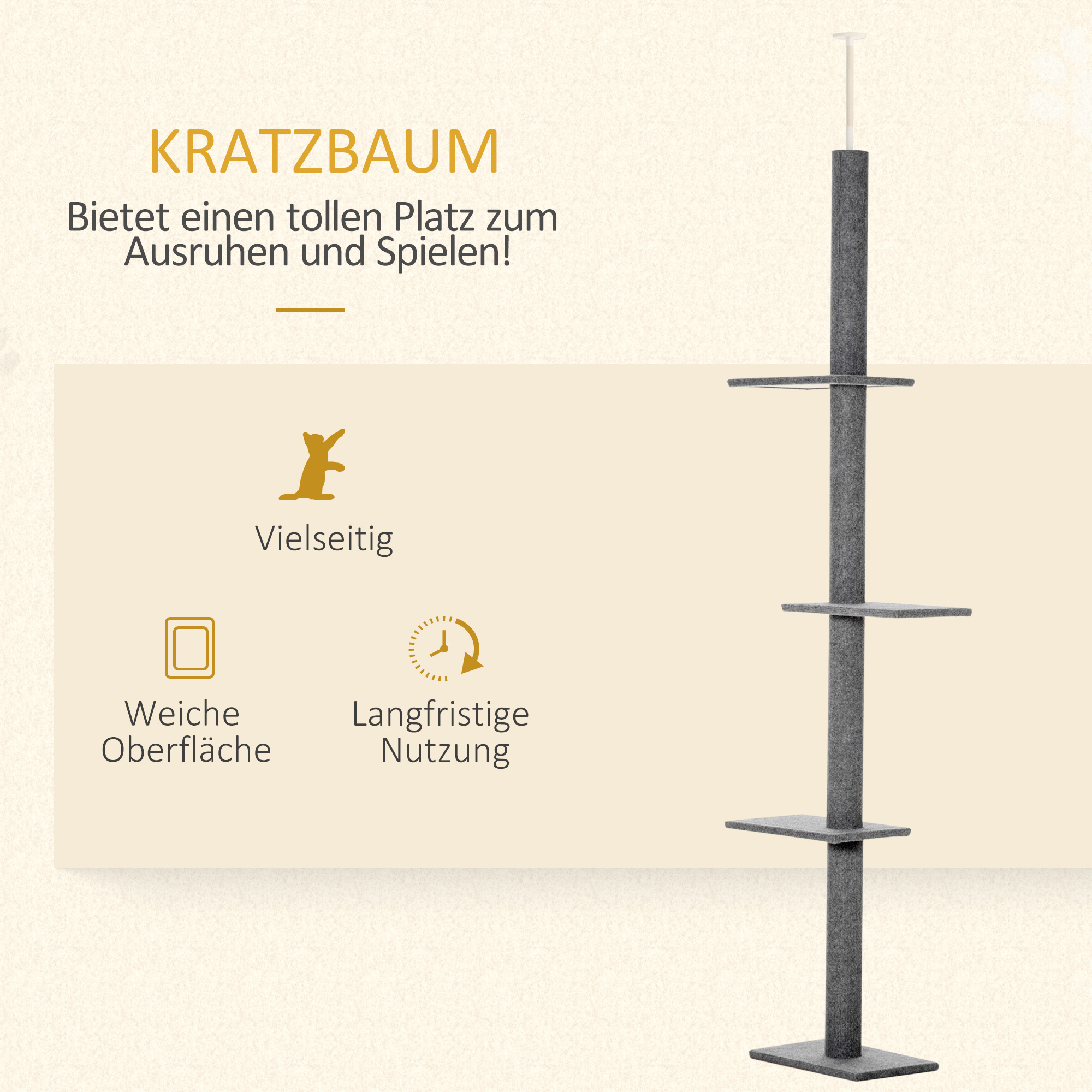Kratzbaum deckenhoch Höhe 228-260 cm Katzenbaum mit Plattformen mehrstöckiger Katzenkratzbaum Kletterbaum für kleine & große Katzen, Grau