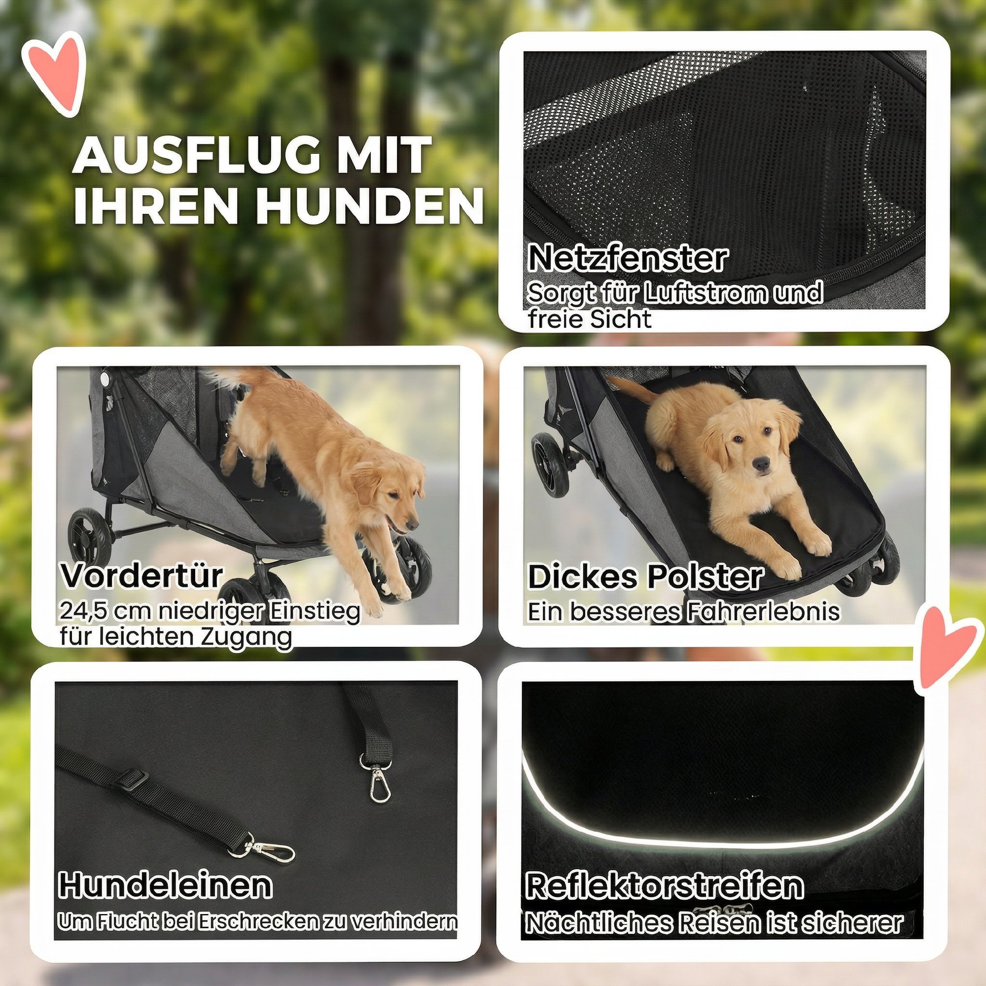 Hundewagen Faltbar Hundebuggy für große Hunde bis 30 kg mit 360°Drehrädern Netzfenster Kissen Verstellbarer Griff Grau