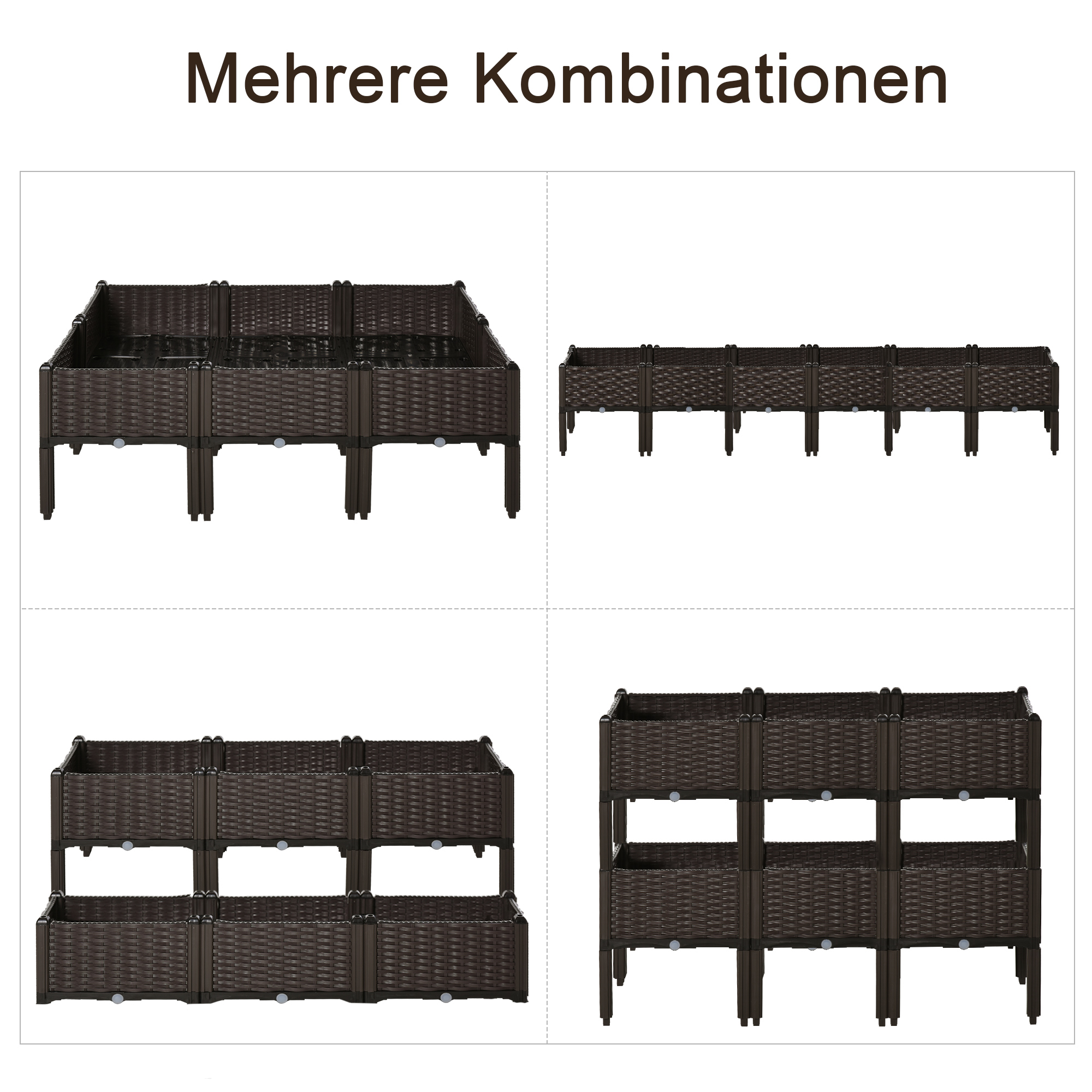 Hochbeet 6-teiliger Pflanzkasten mit Abflusslöchern Rattan-Look Blumenkasten DIY Braun 40 x 40 x 44 cm