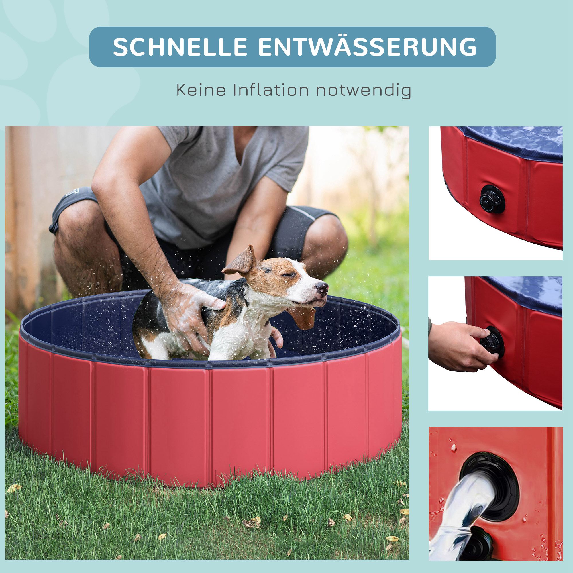 Hundebadewanne faltbar Badewanne Hundepool Plantschbecken Swimmingpool Wasserbecken für Hunde und Katzen Schwimmbecken Kunststoff+Holz Rot Ø100 x H30 cm