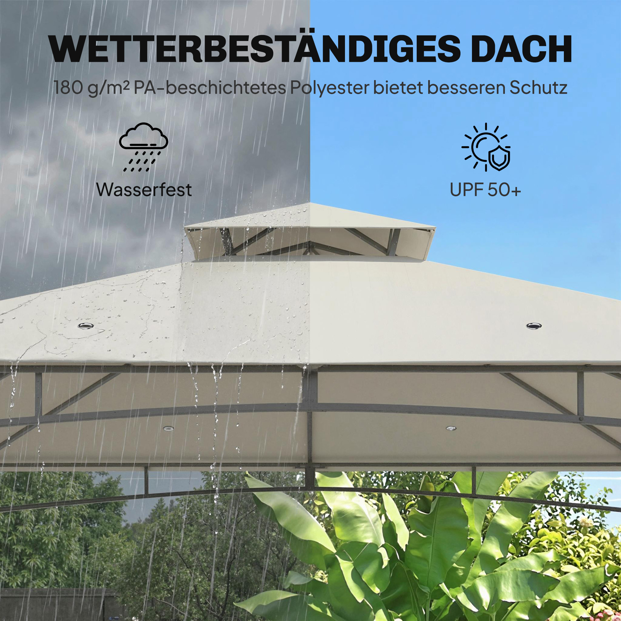 Pavillon 3x3m Wasserabweisend Stabil Winterfest Gartenpavillon mit zurückziehbar Obenrahmen Doppeldach Cremeweiß