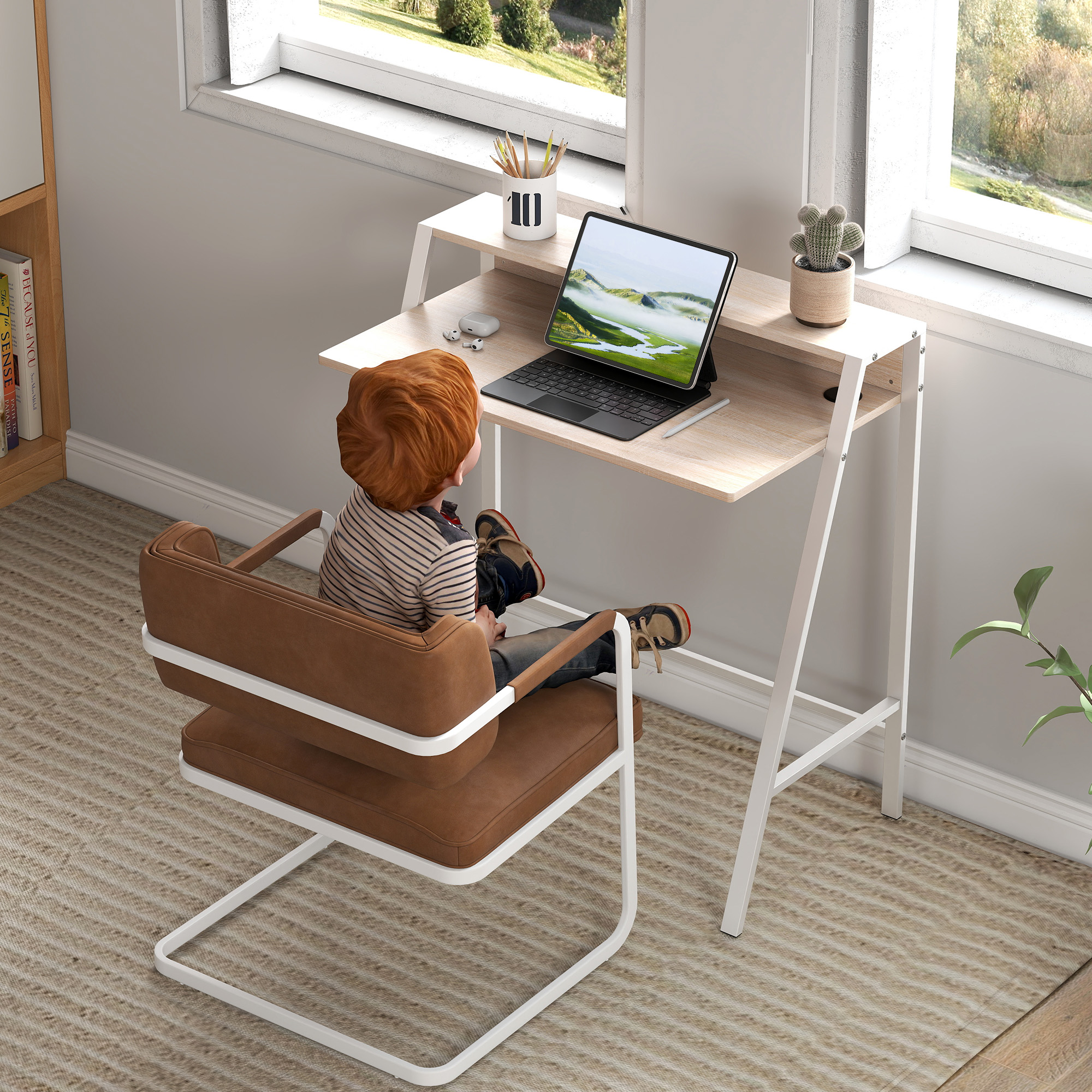 Schreibtisch, Computertisch mit Ablage und Kabel Management, moderner Schreibtisch mit Metallgestell für Arbeitszimmer, Schlafzimmer, Home Office, 84 x 45 x 85 cm, Weiß+Eiche