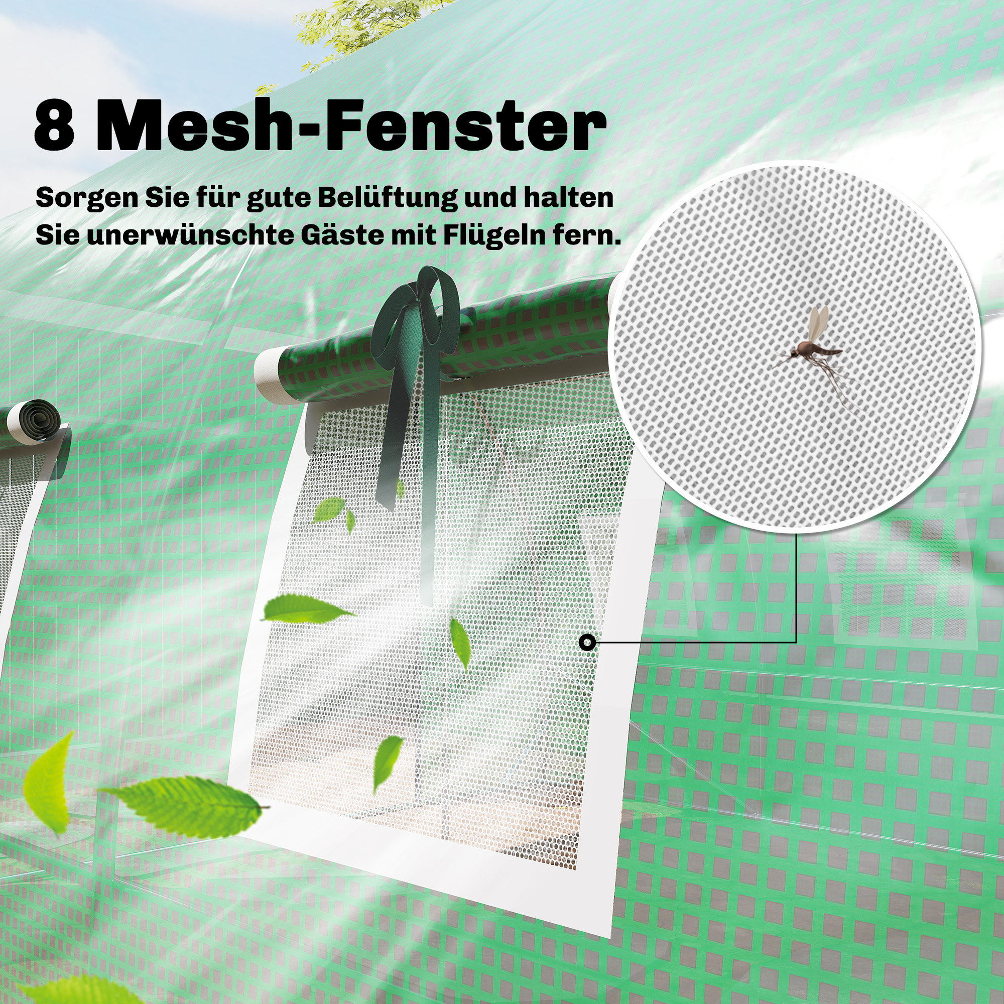 Gewächshaus ca. 4 x 3 x 2 m Foliengewächshaus mit Rollbar 2 Reißverschlusstür & 8 Netzfenster Stützstangen Grün