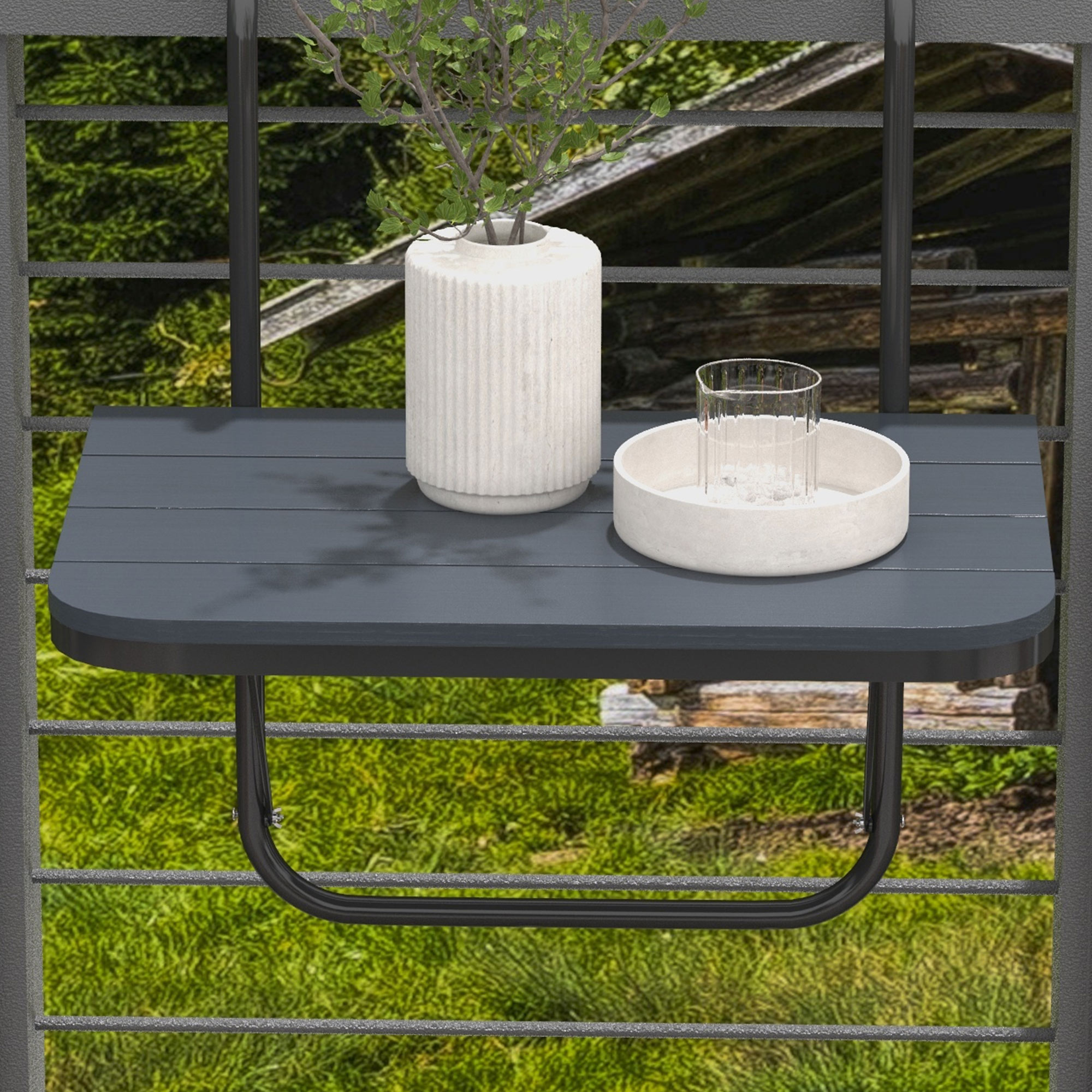 Balkon-Hängetisch, klappbar, höhenverstellbar, Alumiumrahmen, Kunststoff-Tischplatte, Holzoptik, Schwarz