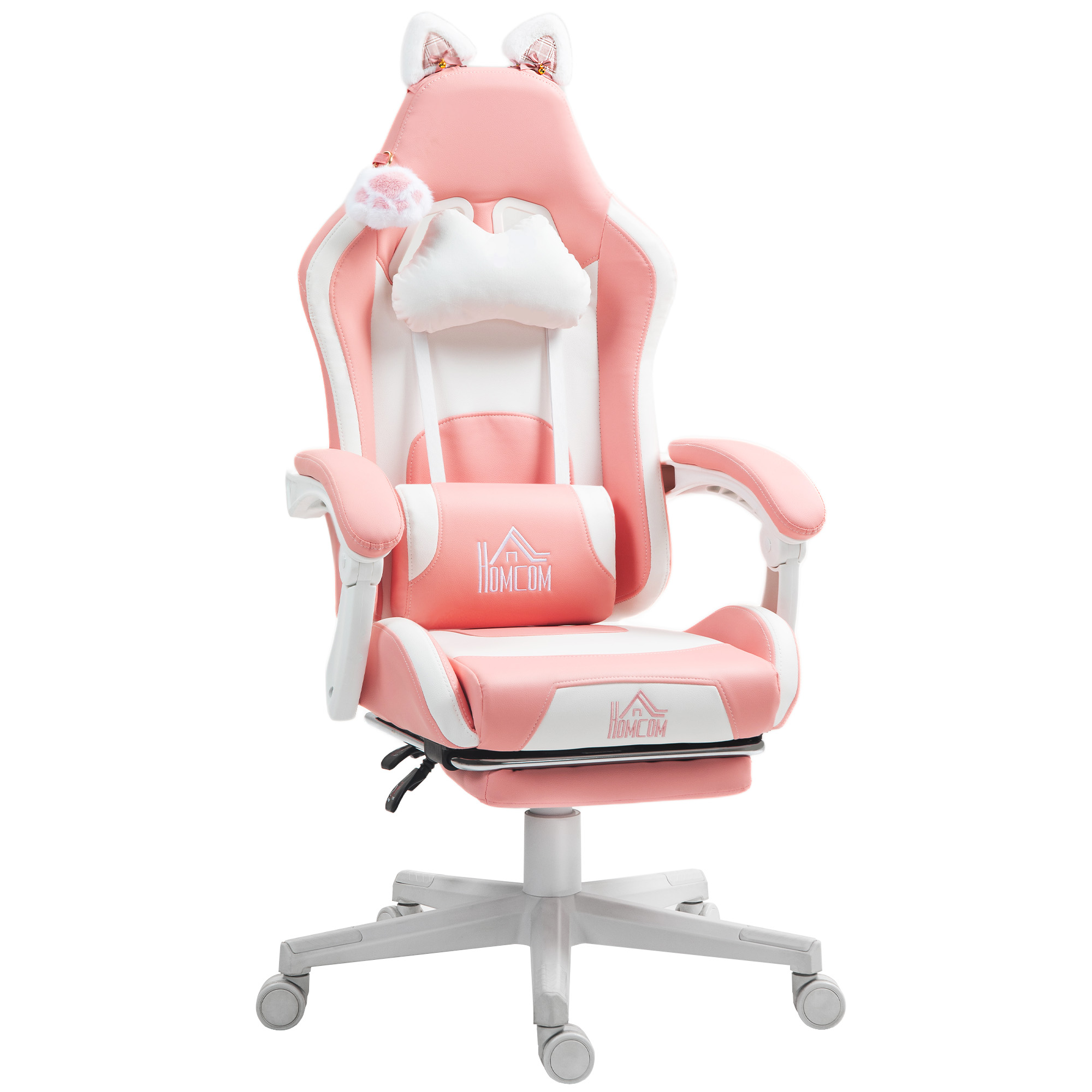 Gaming-Sessel mit Katzenohren, neigbare Lehne, ausziehbare Fußstütze, bis 120 kg, Rosa/Weiß