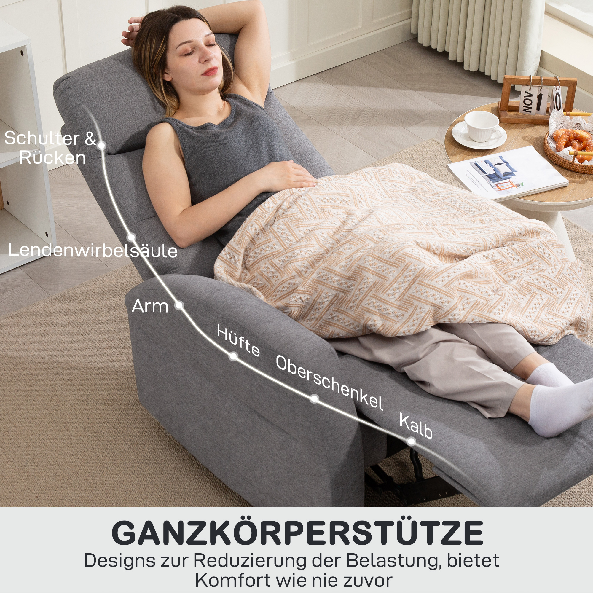 Verstellbarer Relaxsessel mit Fußstütze, Moderner Polstersessel, Dunkelgrau