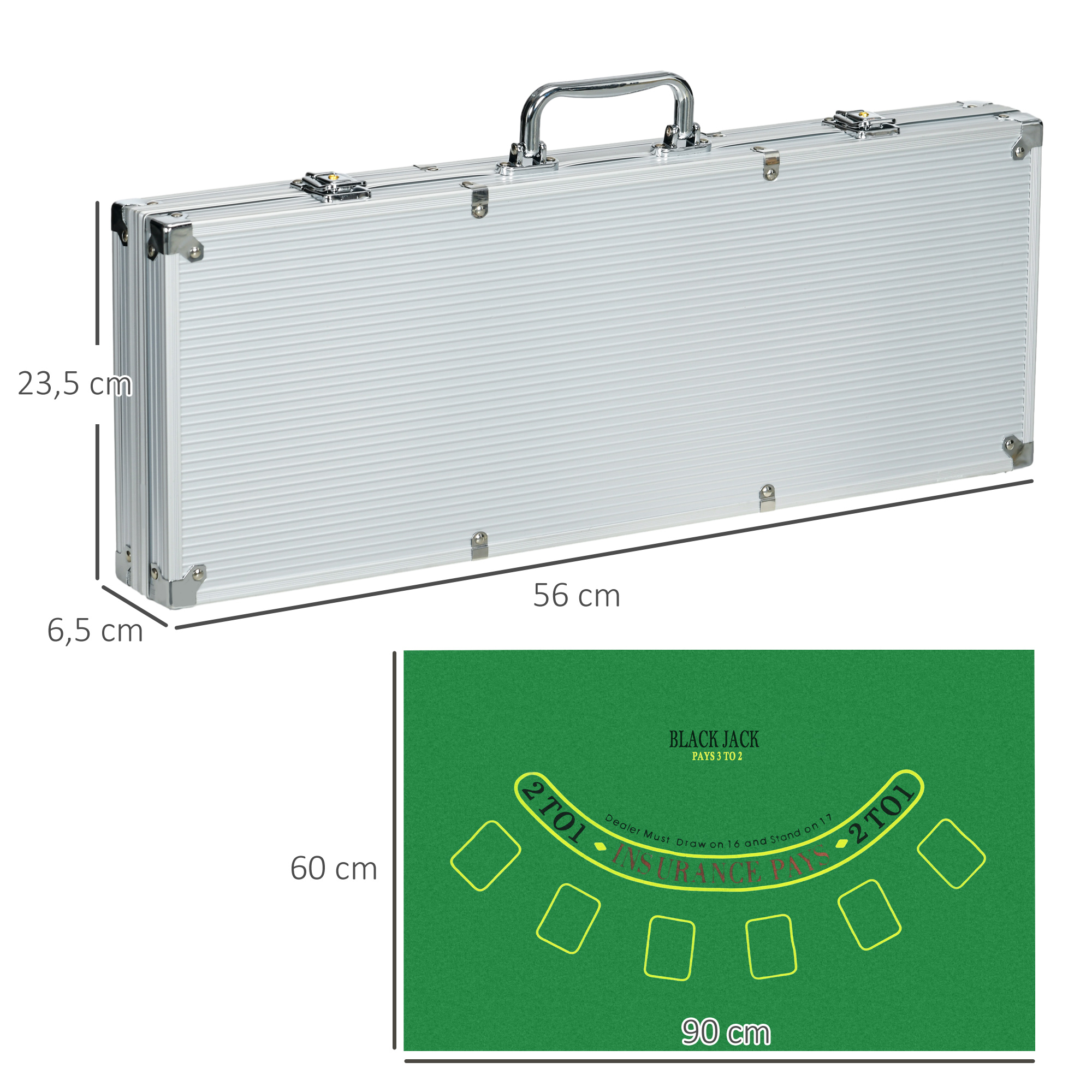 Casinozubehör und Chips Pokerset mit Chips Pokerchip-Koffer, inkl. Unterlage,  500 Chips, Set für 9-10 Spieler, Silber