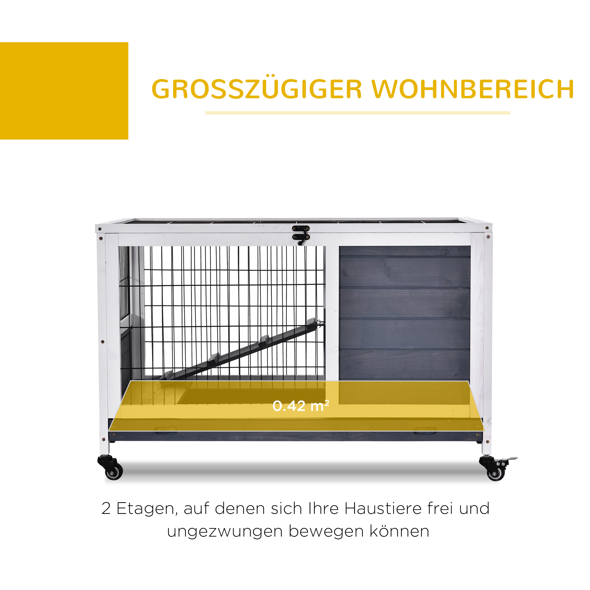 Kaninchenstall aus Holz Hasenstall mit Rädern Klappdach Rampe Ausziehbarem Tablett Winterfest Meerschweinchenstall Kleintierstall Kaninchenkäfig für Innen, draußen 90 x 53 x 59 cm Weiß