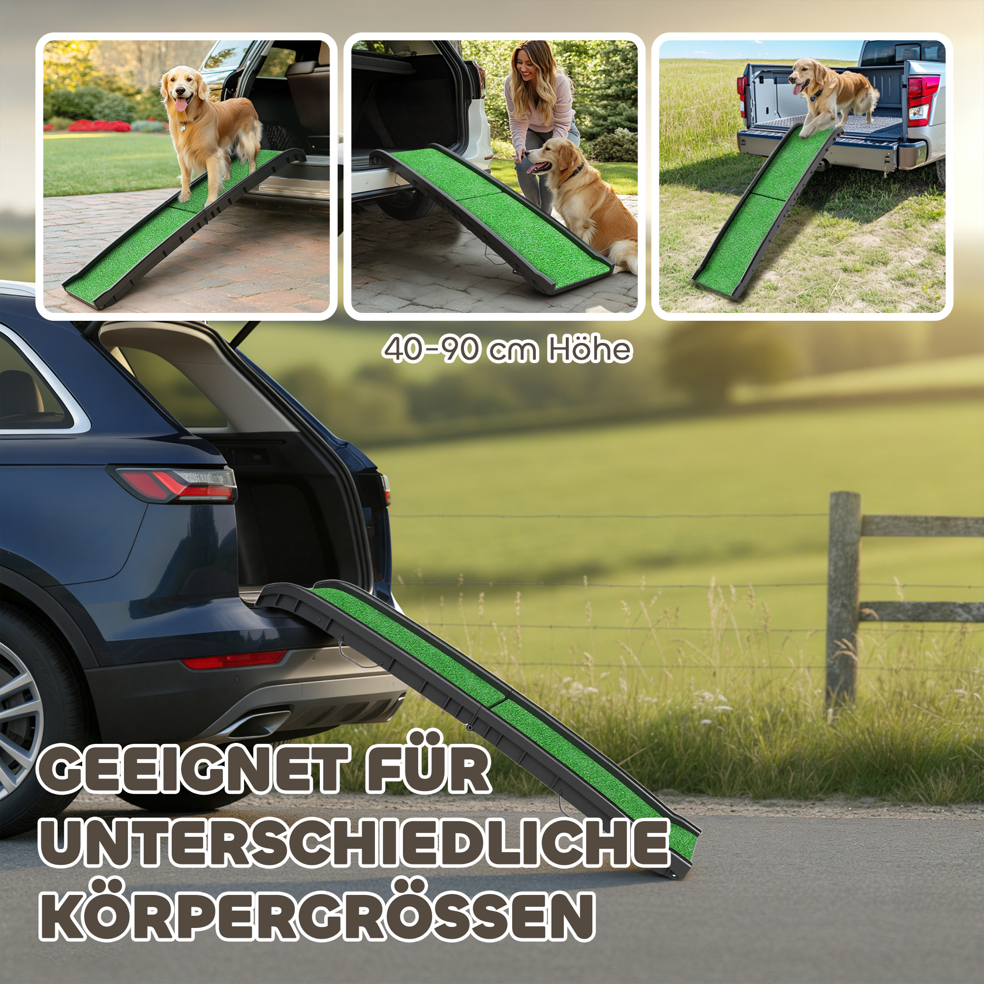 Hunderampe klappbar Hundetreppe rutschfest Einstiegshilfe für Kofferraum, für Tiere bis 90 kg 155x38,5x15,5 cm Schwarz