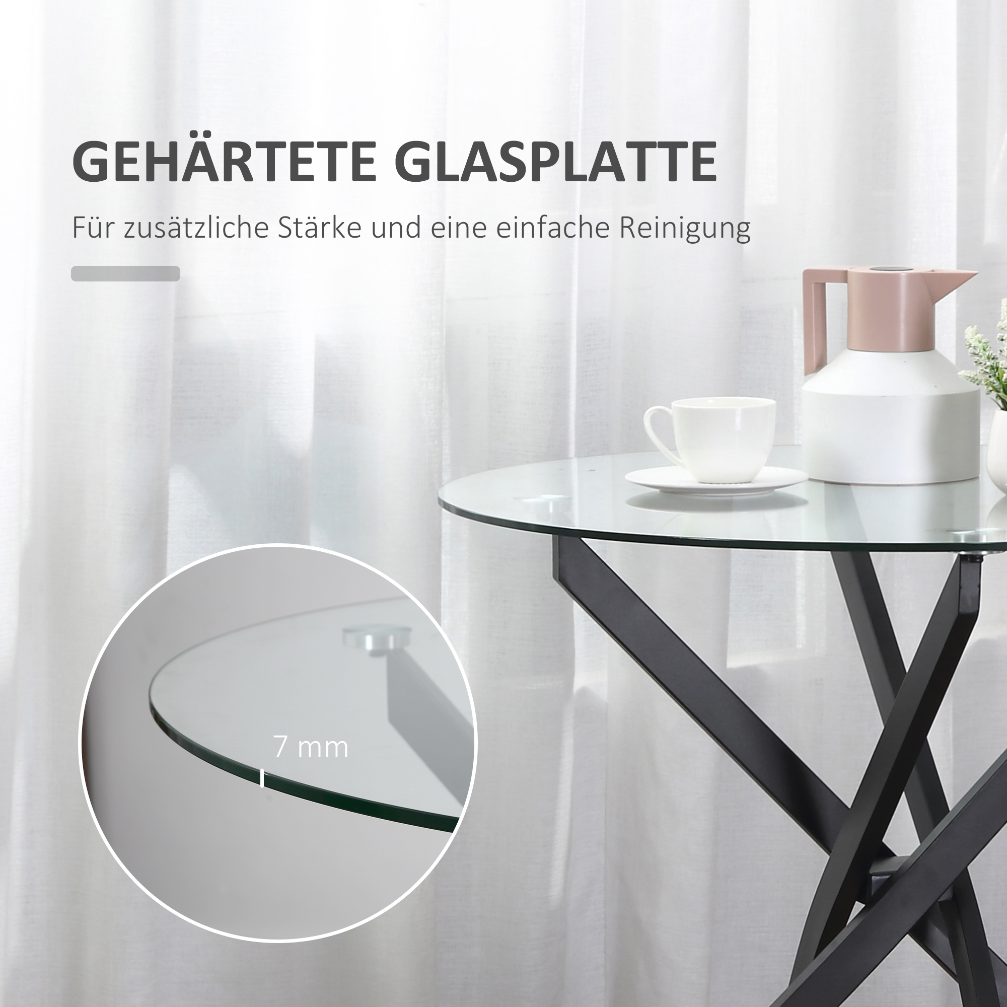Moderner Glas-Esstisch, 80 cm Durchmesser, Küchentisch mit gehärteter Glasplatte und Metallbeinen, für 4 Personen
