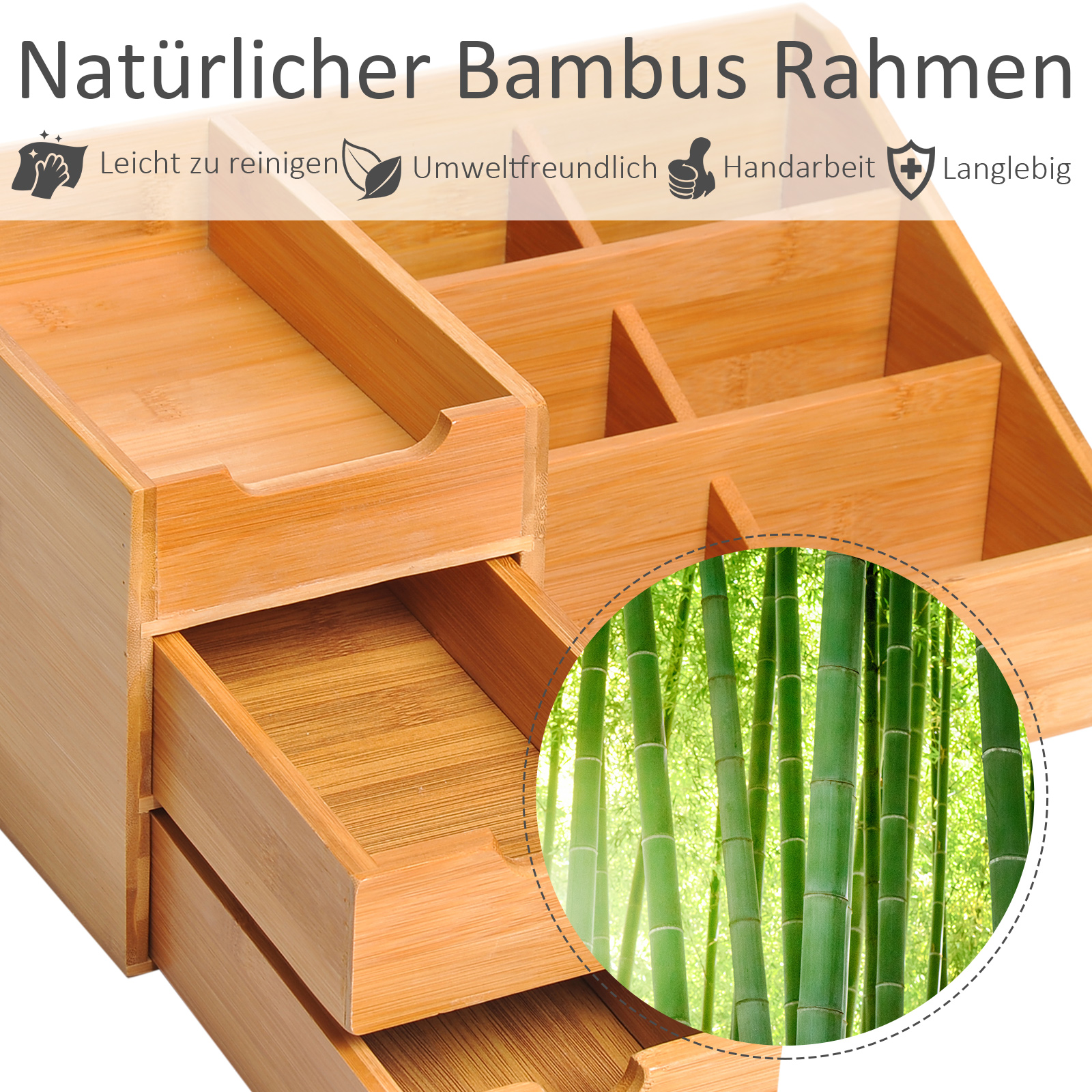 Schreibtischorganizer Aufbewahrungsbox Büro Box Organisation 2 Schubladen Natur L33 x B20,5 x H15,5 cm