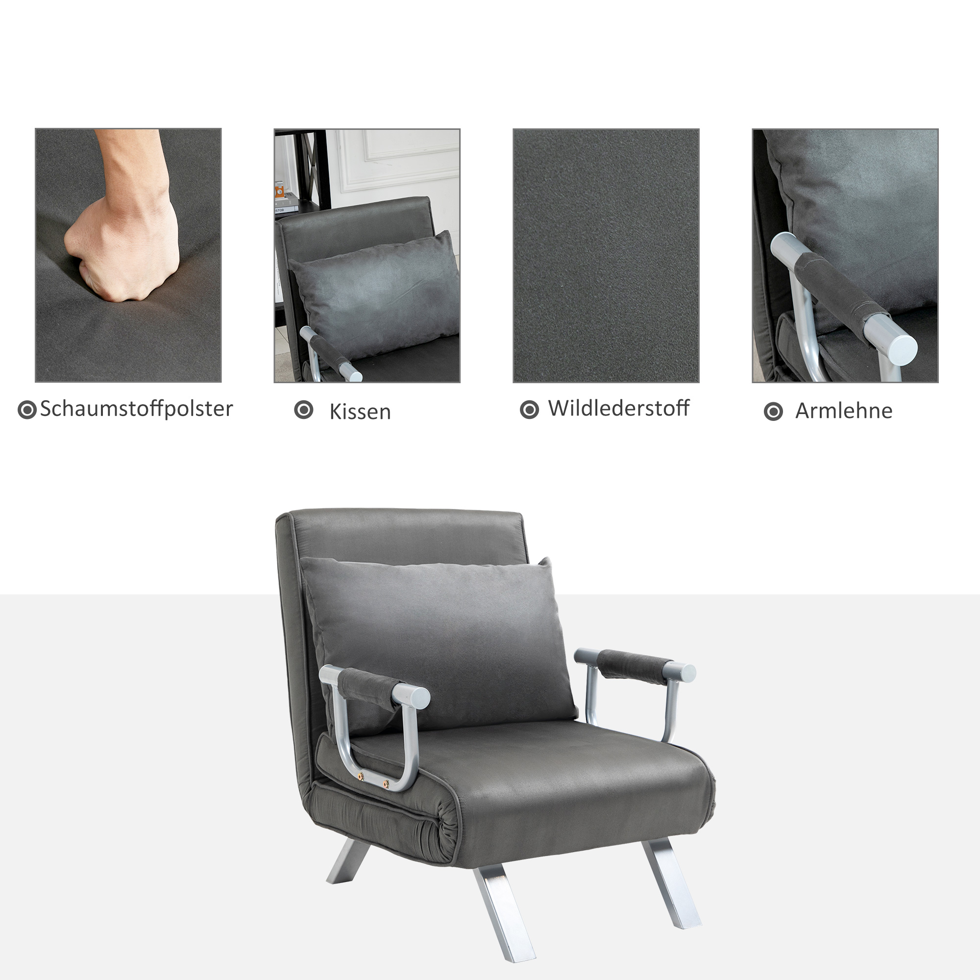 Relaxsessel Liegesessel Sessel, Liegefunktion, Gästebett, 65 cm x 69 cm x 80 cm, Grau