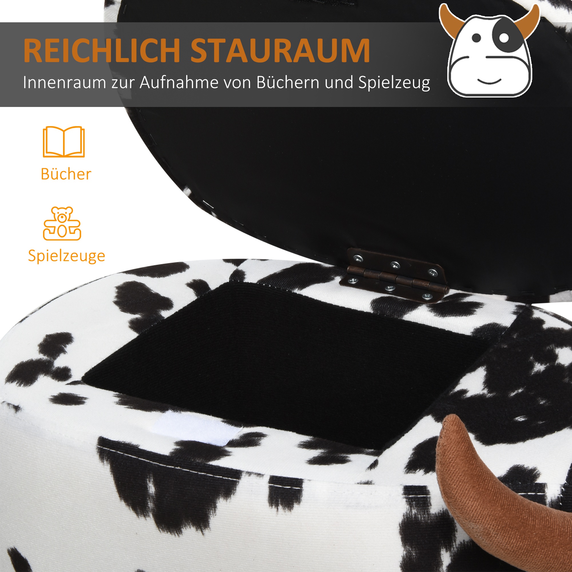 Tierhocker, Dekohocker mit Stauraum, Polsterhocker, Sitzhocker, Sitzbank mit Tier-Design, für Wohnzimmer, Schweinchen Fußbank, Schwarz+Weiß, 62 x 35 x 36 cm