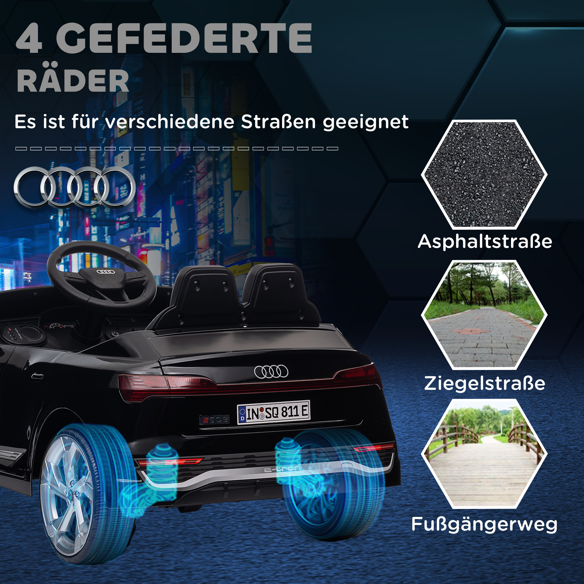 Kinderfahrzeug Audi Q8, 3-5 km/h, Fernsteuerung, Scheinwerfer, Musik, schwarz