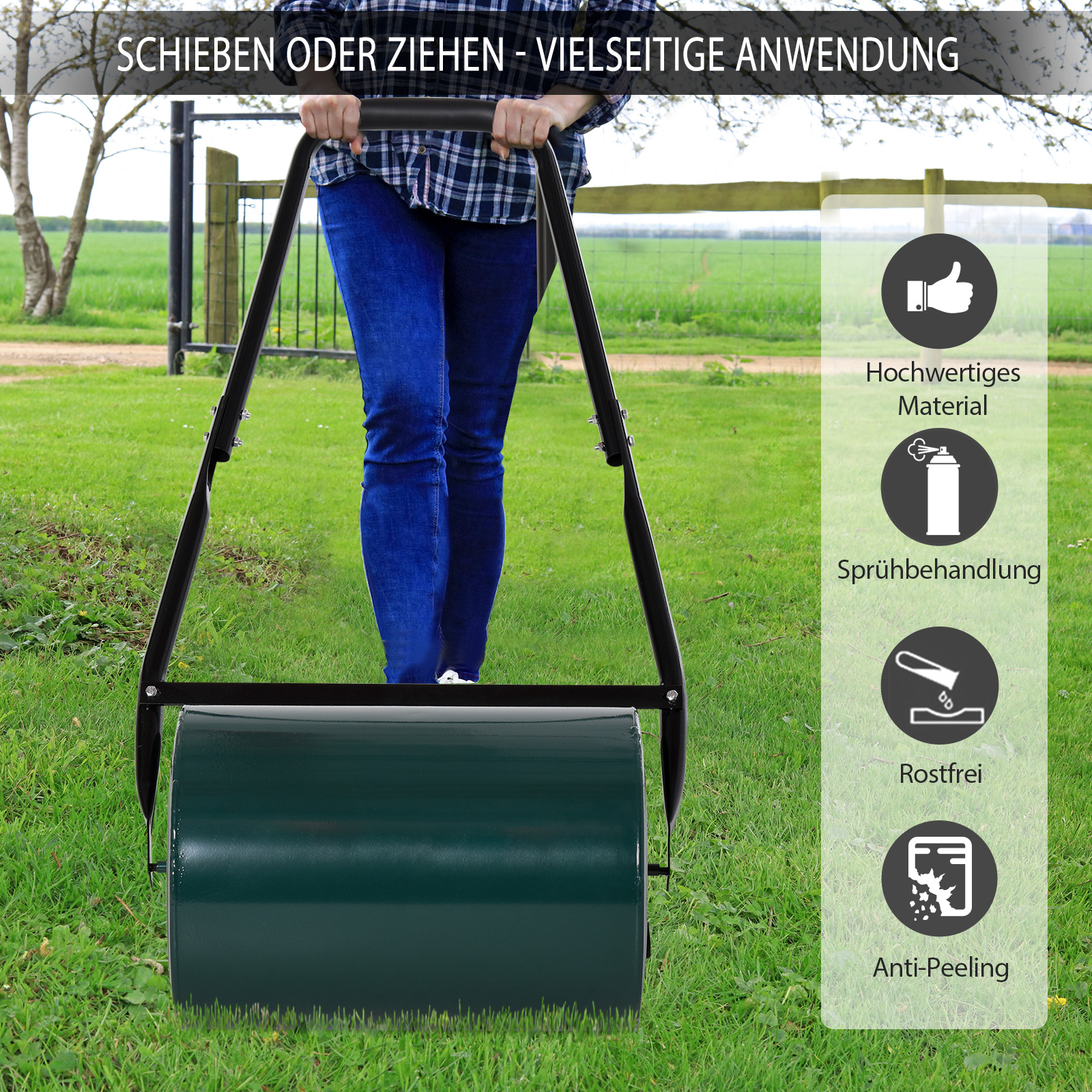 Rasenwalze Gartenrolle Gartenwalze mit U-Griff 31 cm Durchmesser 30 cm Arbeitsbreit 40l Wasser-/Sandfüllungen Metall Grün