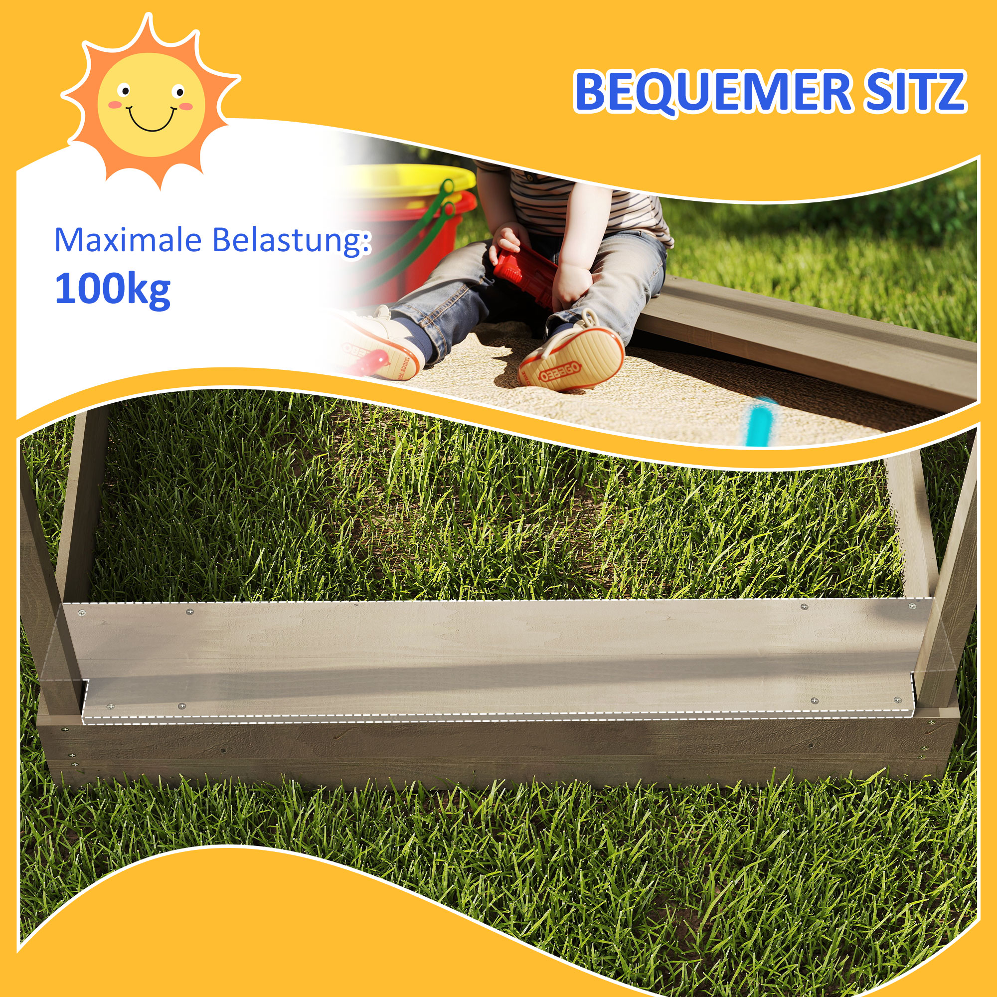 Sandkasten mit Sonnenschutz, Spielhaus-Design, mit Spielzeug-Set, behandeltes Massivholz, 124 x 116 x 146 cm, Grau