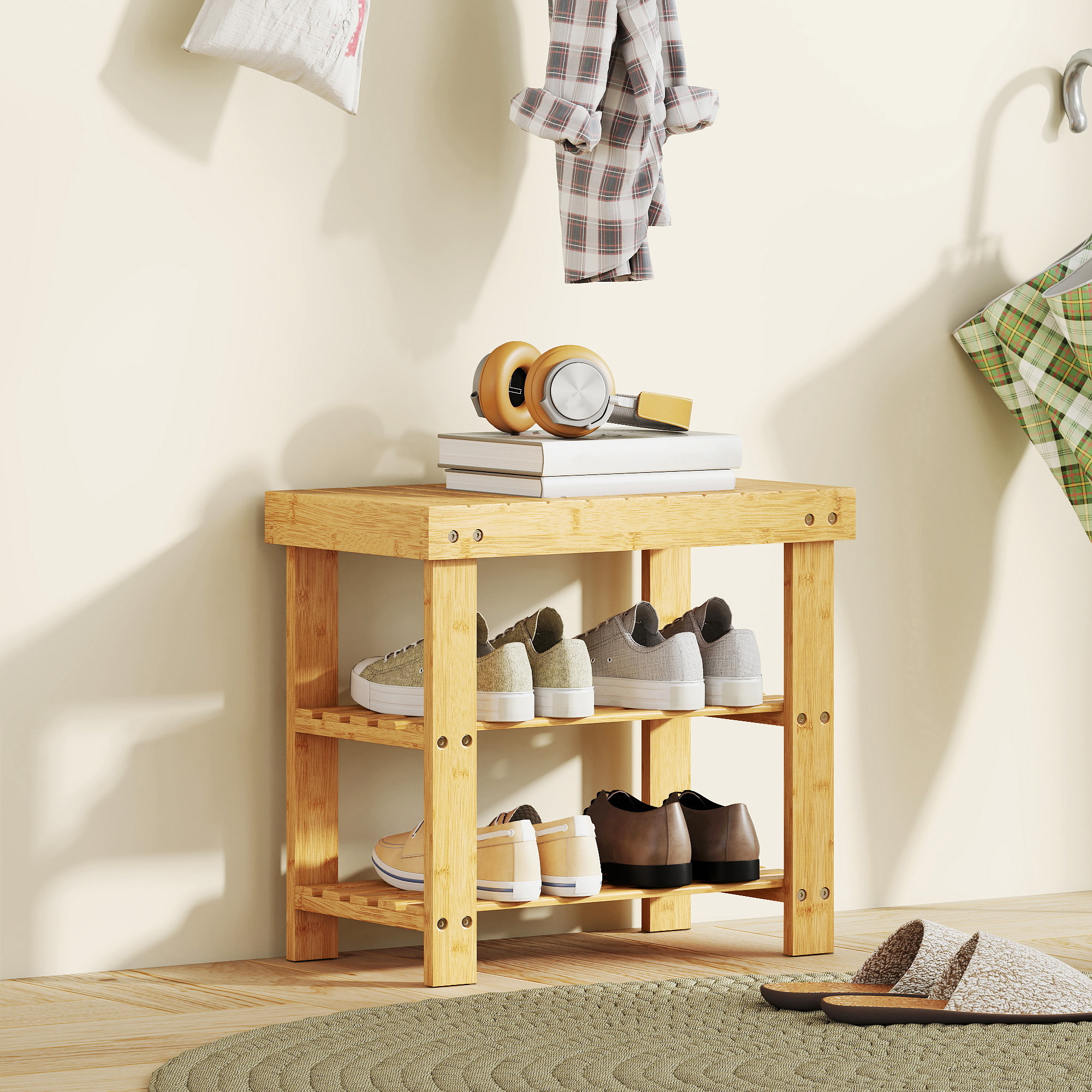 Schuhbank aus Bambus, Schuhregal mit 2 Ablagen, Sitzfläche, für Flur, Eingangsbereich, 50x28x45cm, Natur