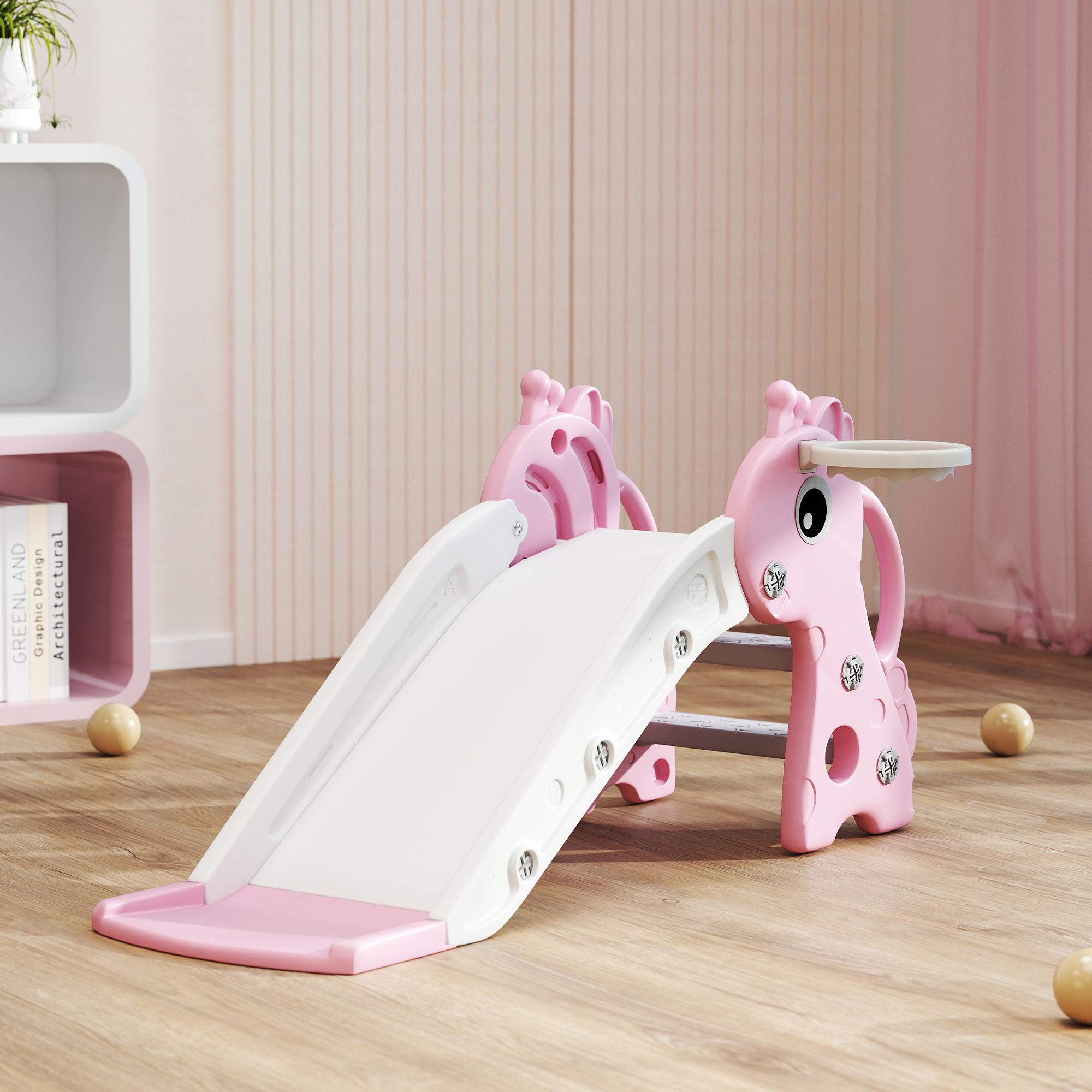 3-in-1 Rutsche für Kinder, Giraffenform, Basketballkorb, Ball, Rosa