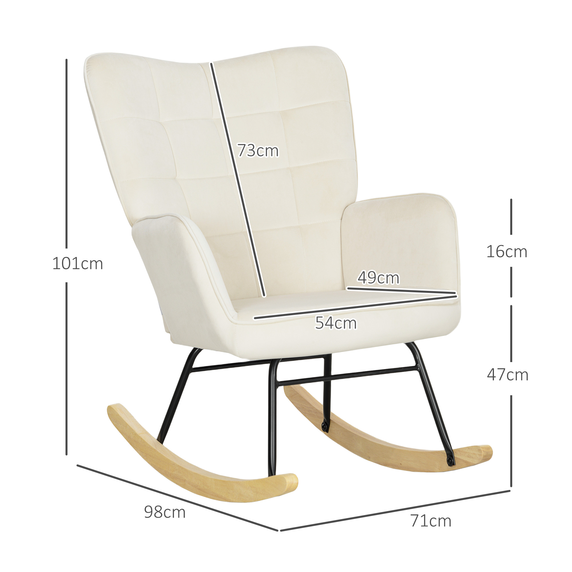 Schaukelstuhl, dicke Polsterung, breite Rückenlehne, Buchenholz/Stahlrahmen, bis 120 kg, Beige
