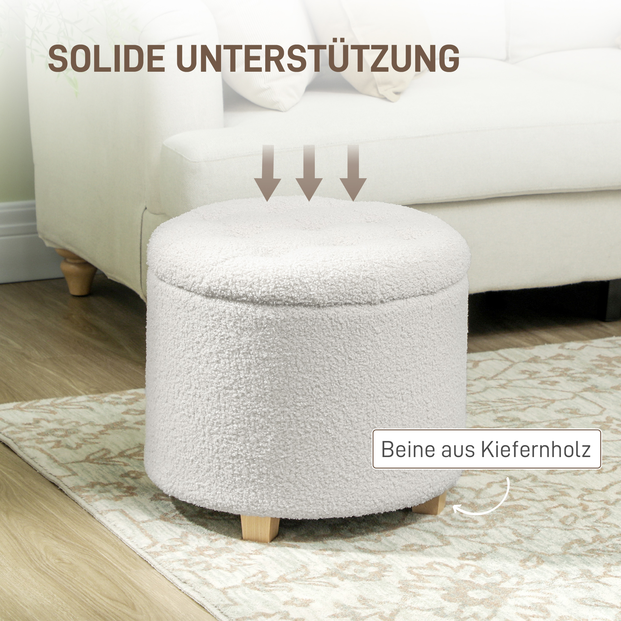 Sitzhocker mit Stauraum, Hocker mit Deckel, runder Fußhocker, Aufbewahrungsbox, mit Holzbeinen, Weiß