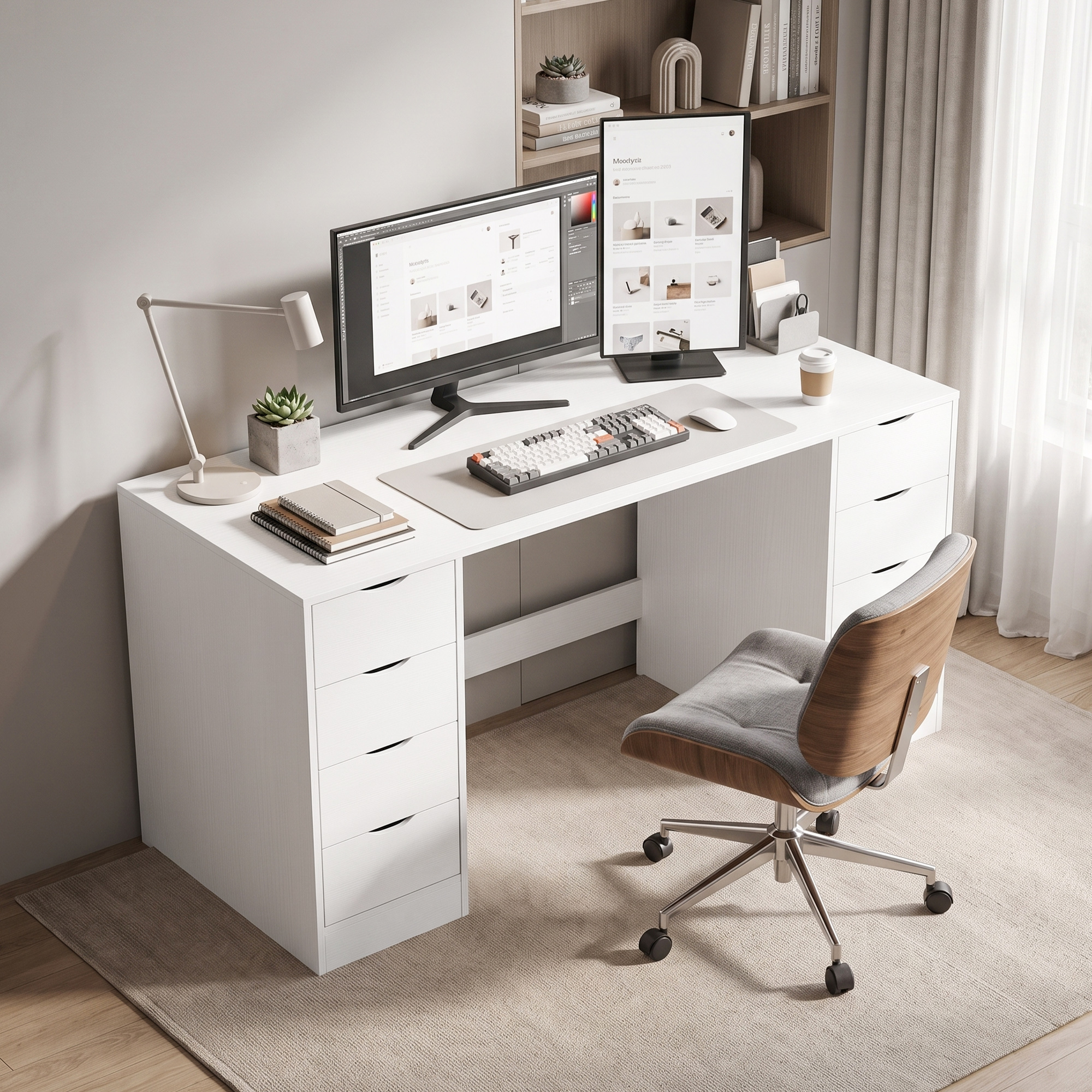 Schreibtisch 140 cm mit 8 Schubladen, moderner Bürotisch mit Stauraum, weiße Holzoptik