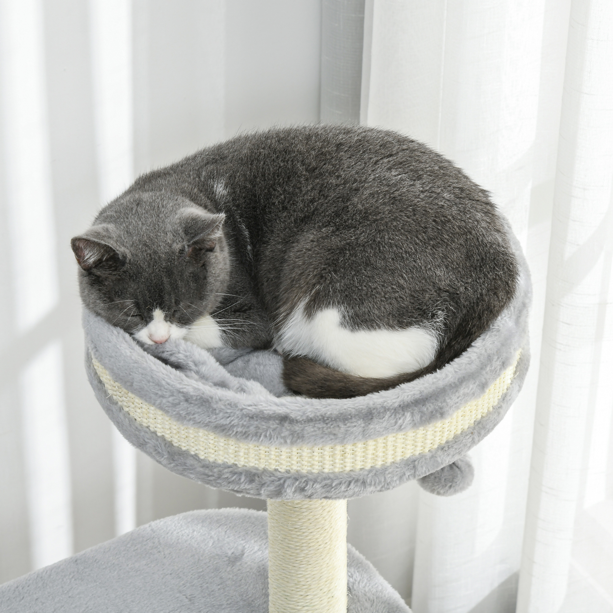 Kratzbaum für Katzen, Sisal-Seilpfosten, weicher Plüsch, mehrstufig, Ballspielzeug, Grau, 59x35x100 cm